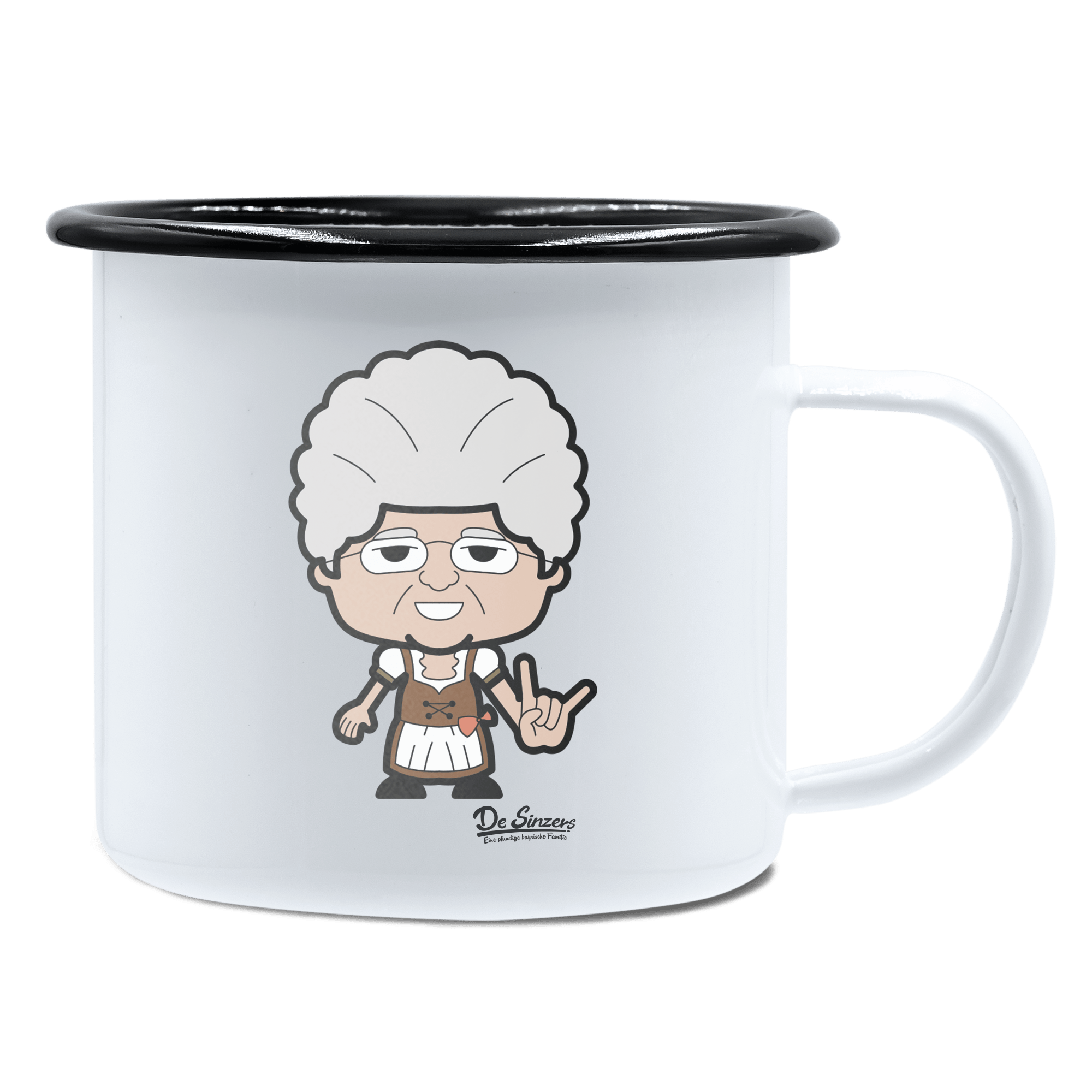 Die Oid Sinzerin Rocking Fingers Emaille Tasse 450ml Weiss Schwarz Spitzstein Front