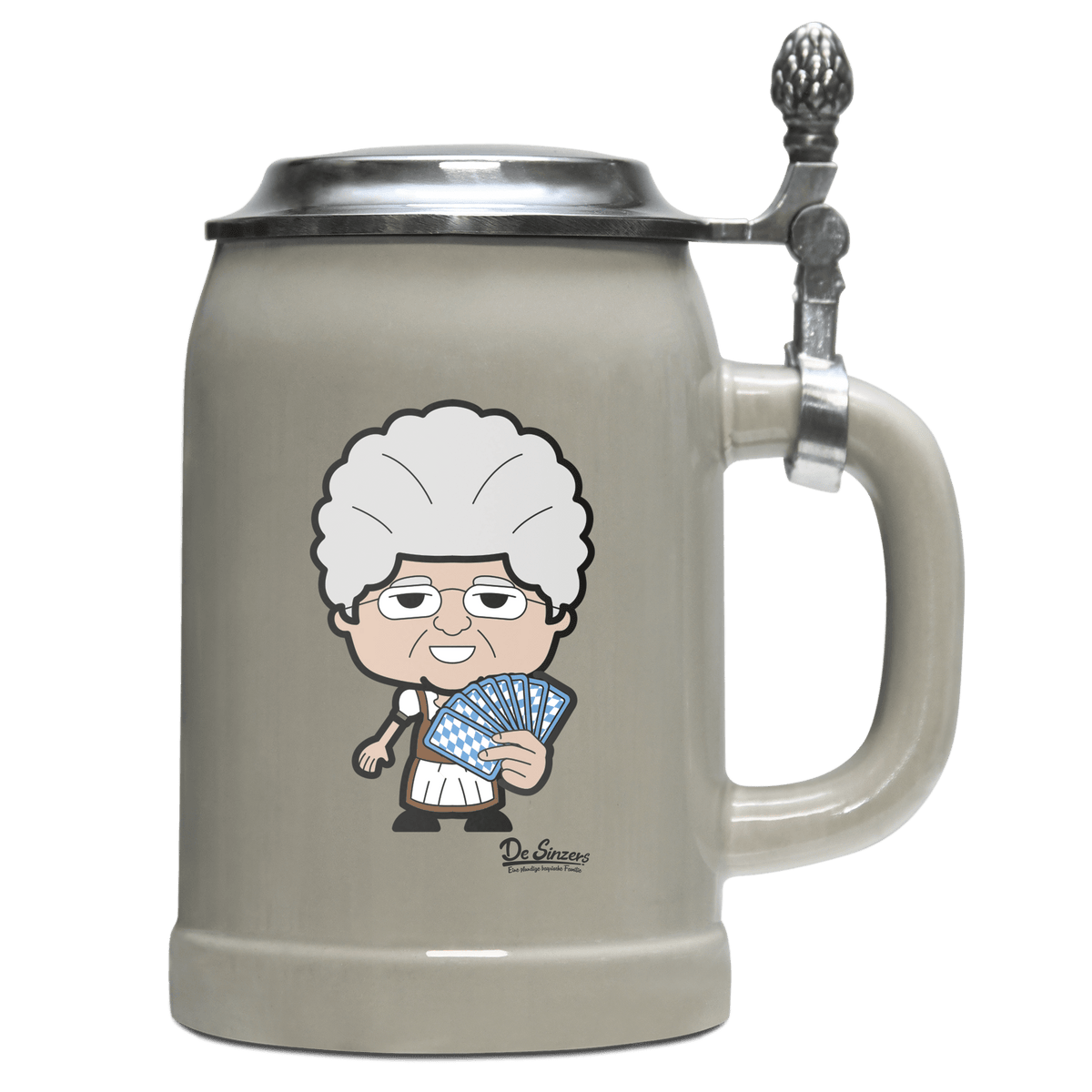 Die Oid Sinzerin Schafkopfen Bierkrug 500ml Grau mit Deckel Hocheck Front