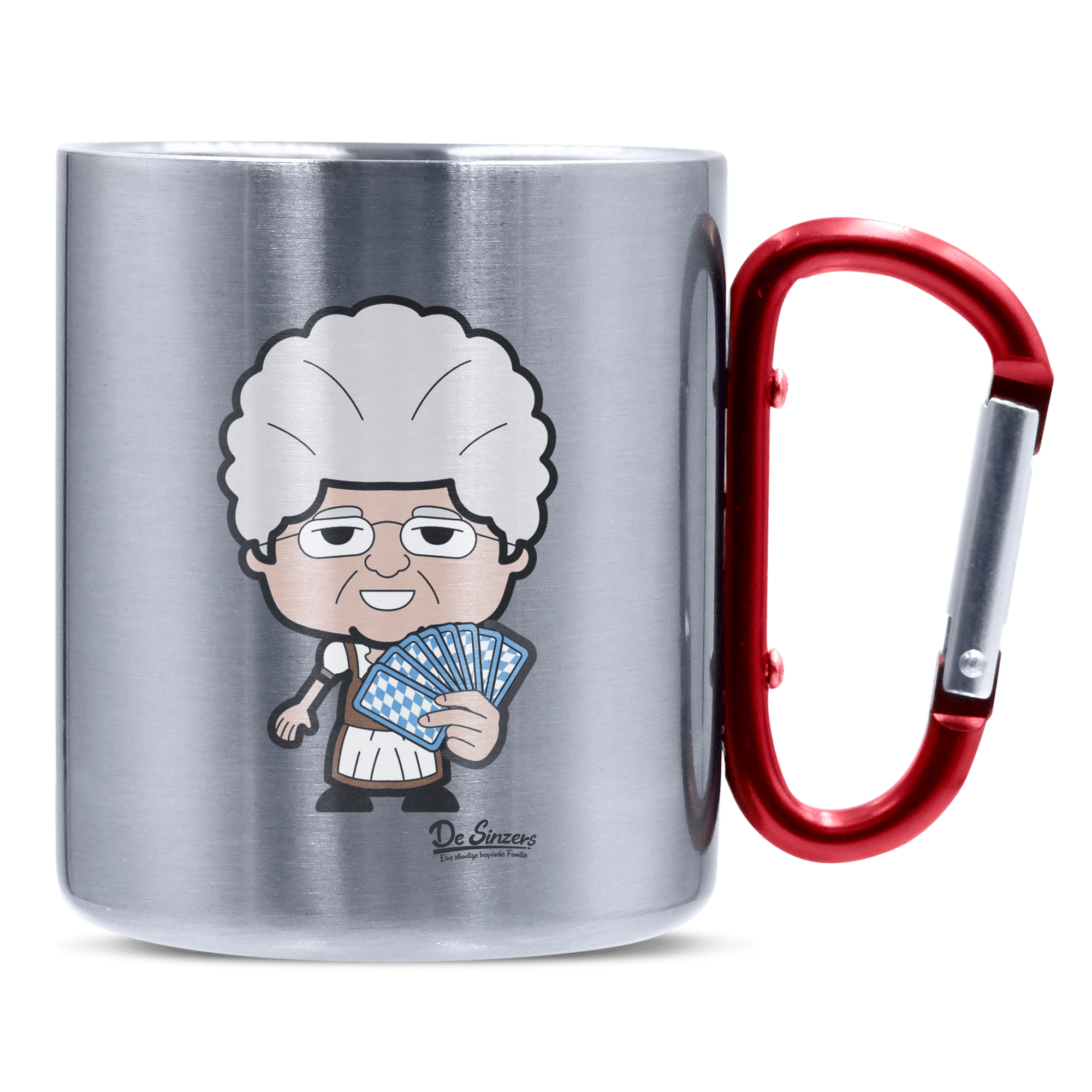 Die Oid Sinzerin Schafkopfen Edelstahl Kaffeetasse roter Karabiner 320ml Kitzstein Front