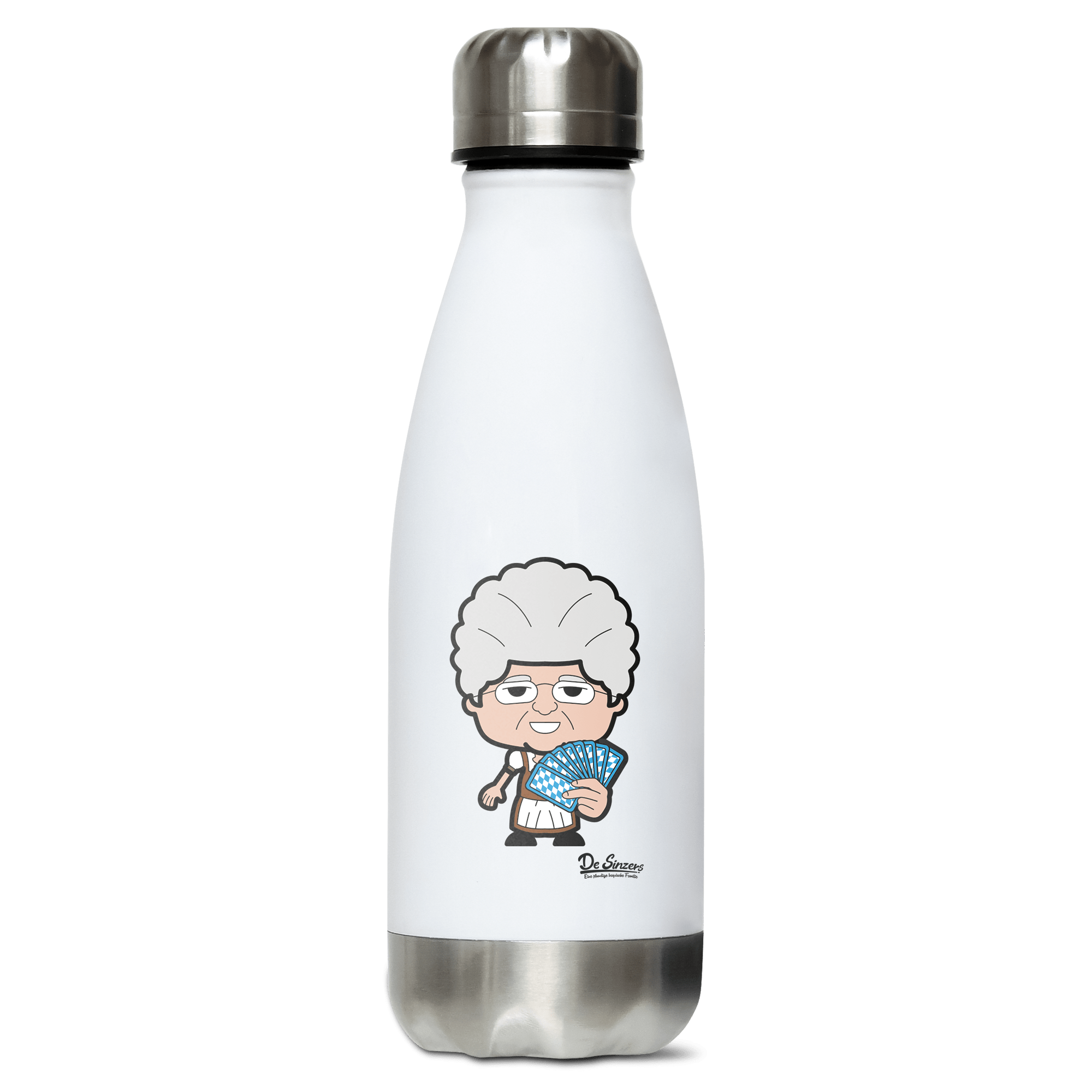 Die Oid Sinzerin Schafkopfen Edelstahl Thermoflasche 350ml Weiss Silber Kreuzspitze Front