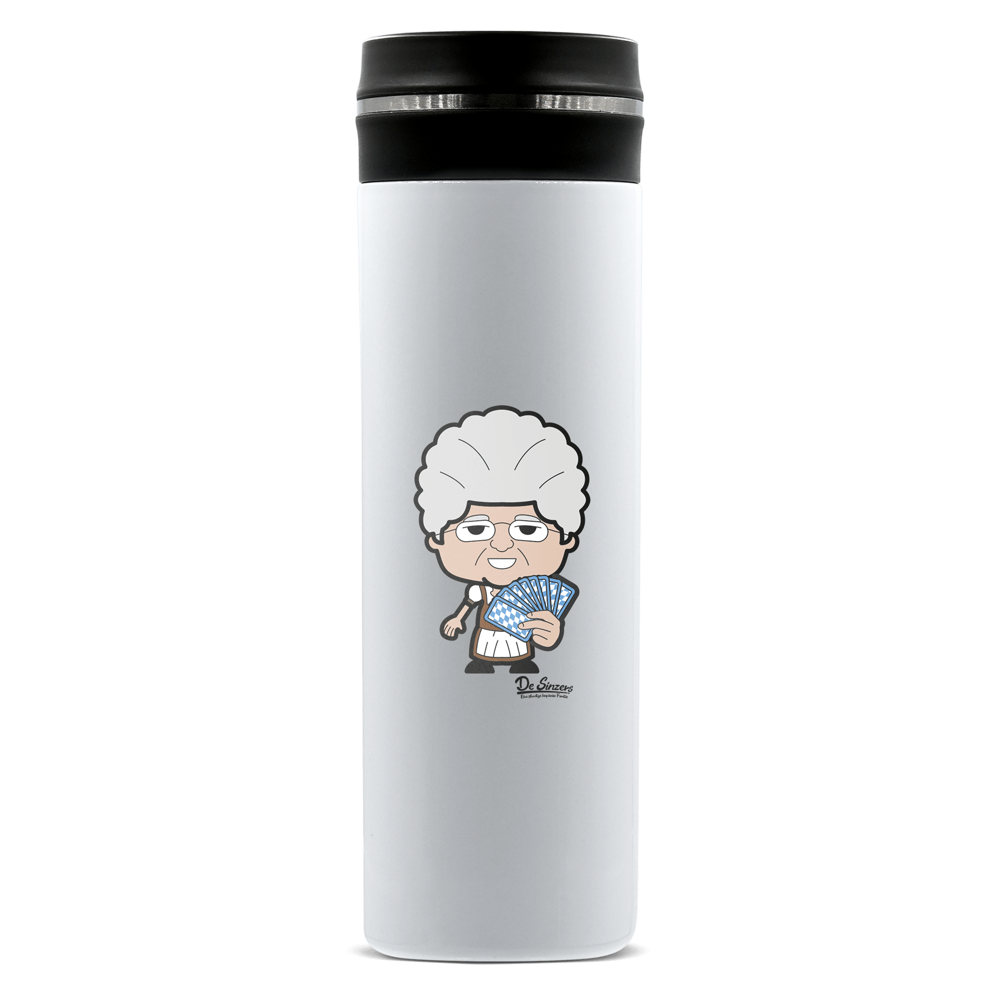 Die Oid Sinzerin Schafkopfen Edelstahl Thermoflasche 450ml Weiss Geigelstein Front