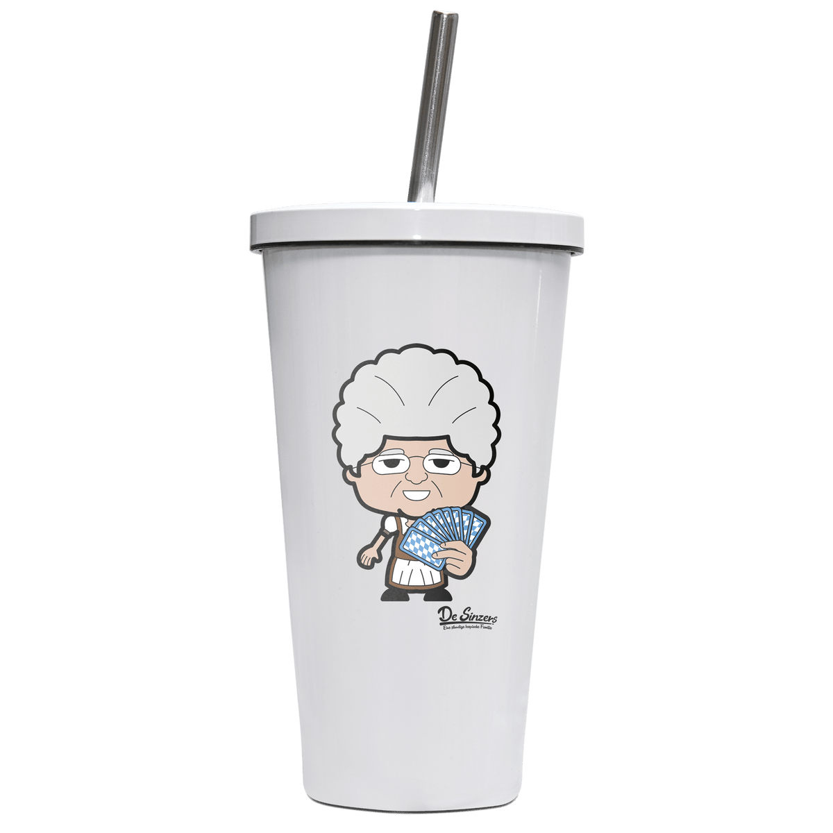 Die Oid Sinzerin Schafkopfen Edelstahl Trinkbecher mit Strohhalm 480ml Weiss Krottenkopf Front