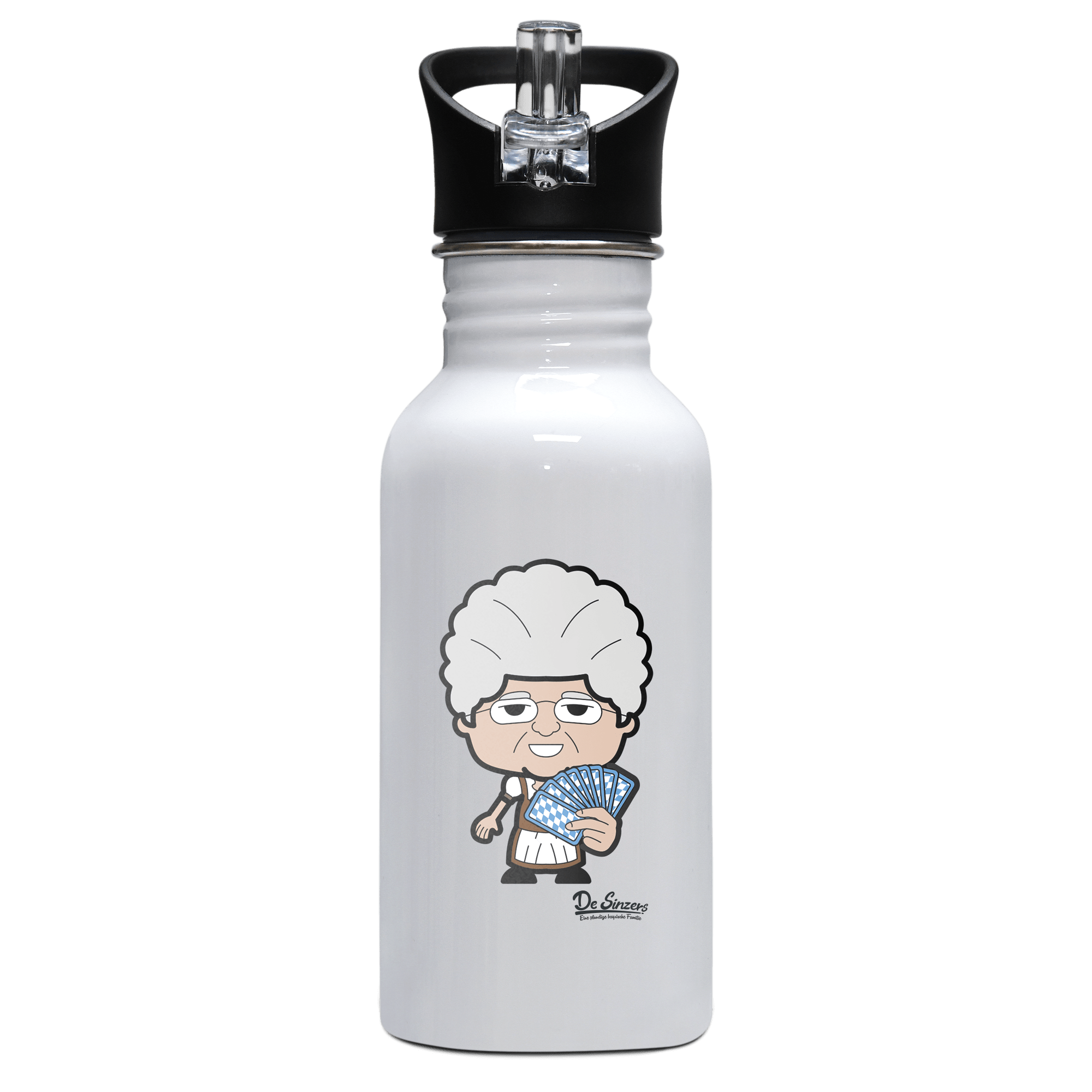 Die Oid Sinzerin Schafkopfen Edelstahl Trinkflasche mit klappbarem Mundstueck 500ml Weiss Rotwand Front