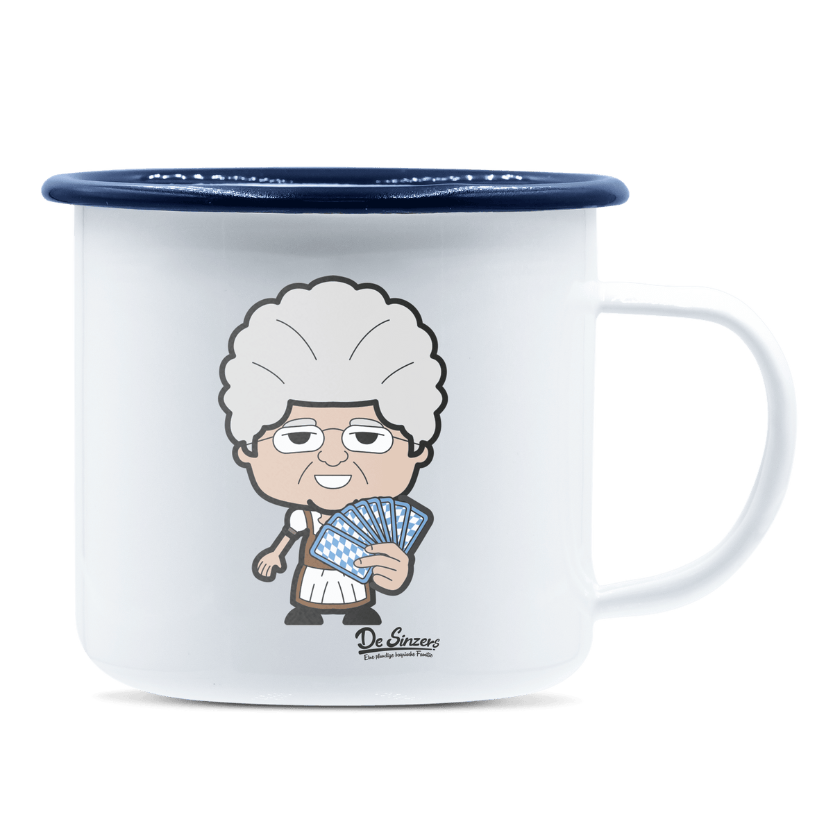 Die Oid Sinzerin Schafkopfen Emaille Tasse 375ml Weiss Blau Heuberg Front