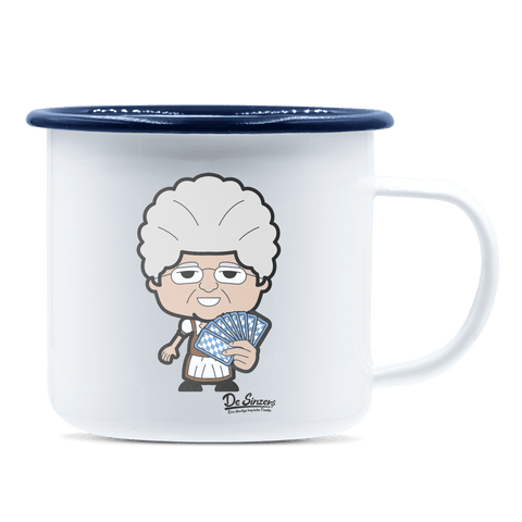 Die Oid Sinzerin Schafkopfen Emaille Tasse 375ml Weiss Blau Heuberg Front