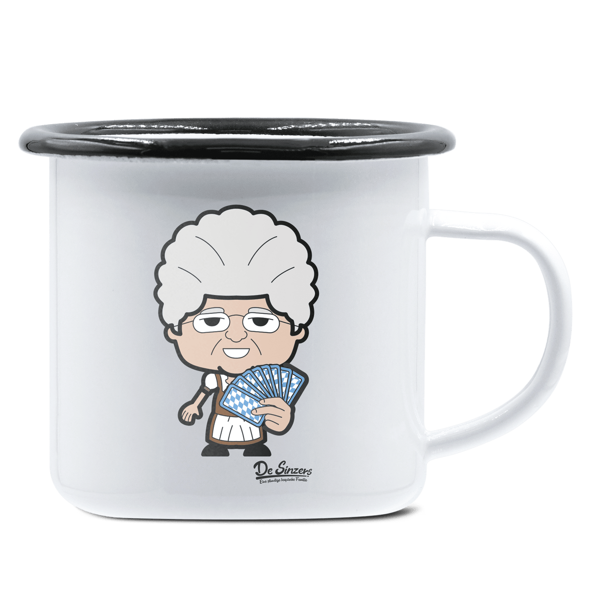 Die Oid Sinzerin Schafkopfen Emaille Tasse 375ml Weiss Schwarz Hochries Front