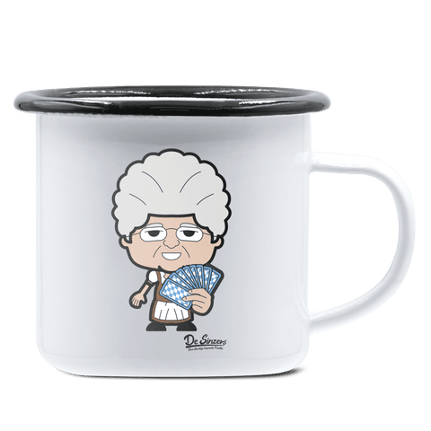 Die Oid Sinzerin Schafkopfen Emaille Tasse 375ml Weiss Schwarz Hochries Front