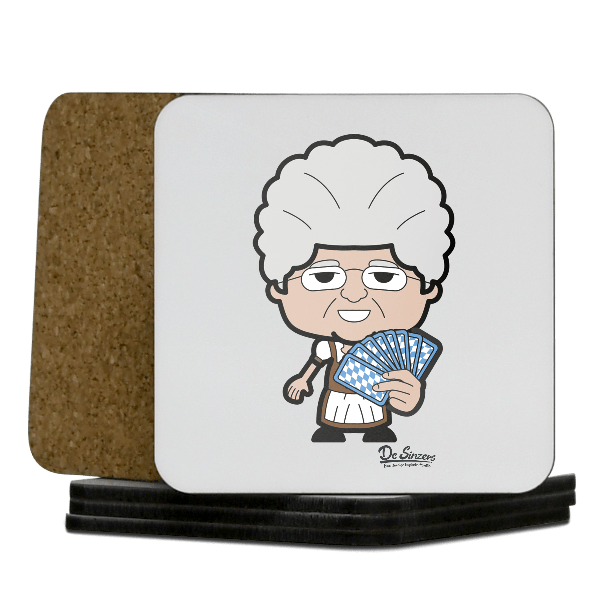 Die Oid Sinzerin Schafkopfen Korkuntersetzer 5er Set 95 x 95 mm Weiss Karkopf Front