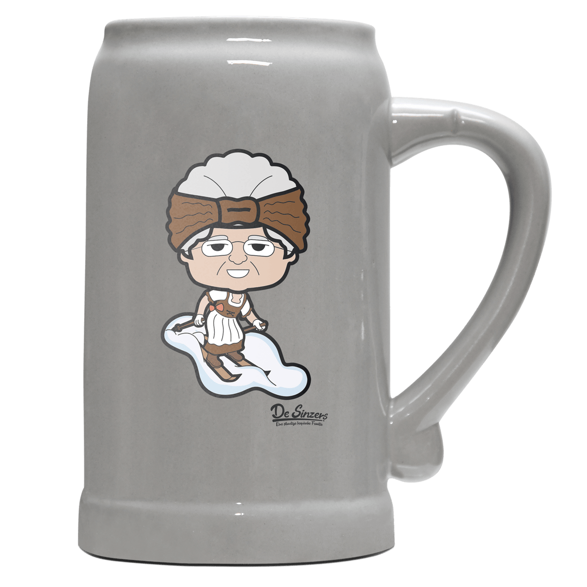 Die Oid Sinzerin Skifahrer Bierkrug 1000ml Grau Zugspitze Front