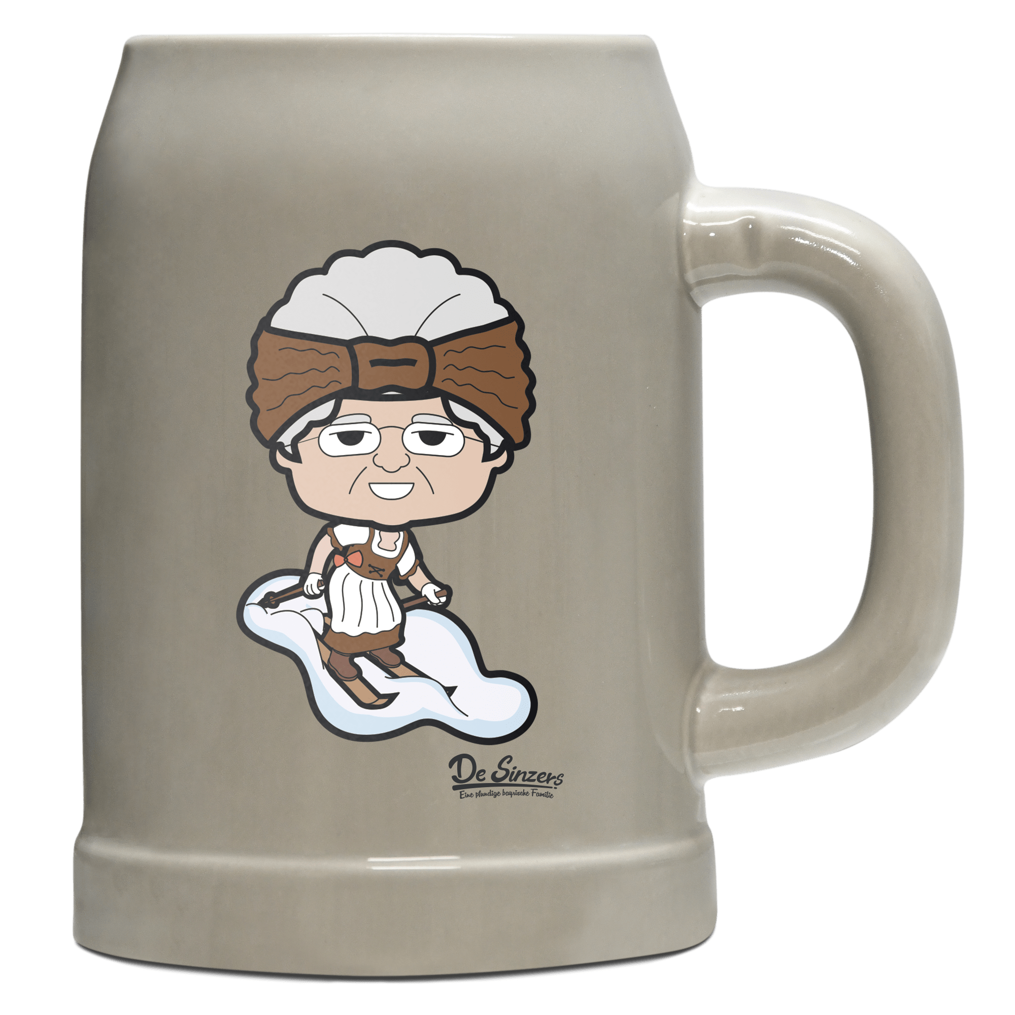 Die Oid Sinzerin Skifahrer Bierkrug 500ml Grau Watzmann Front
