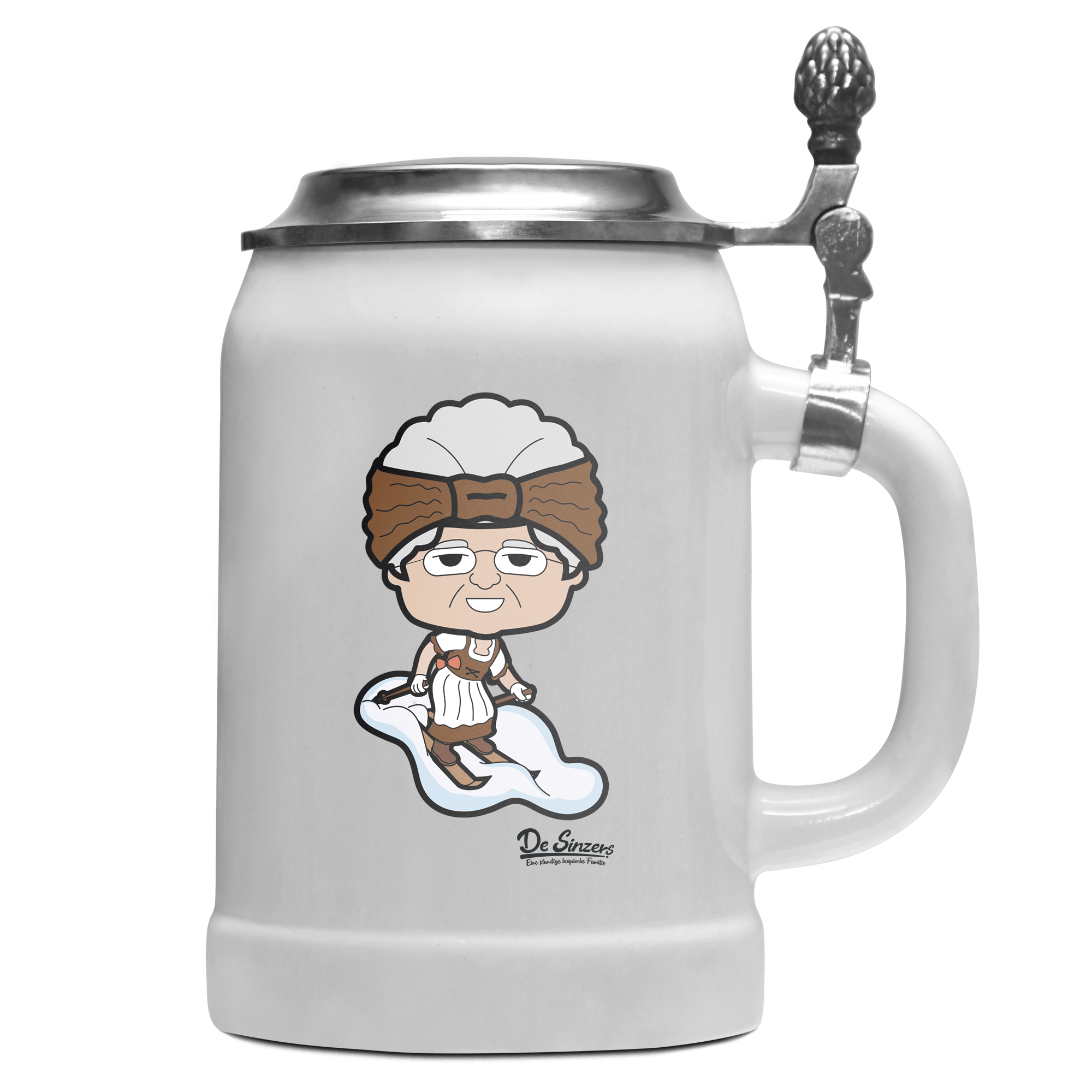 Die Oid Sinzerin Skifahrer Bierkrug 500ml Weiss mit Deckel Wetterspitzen Front