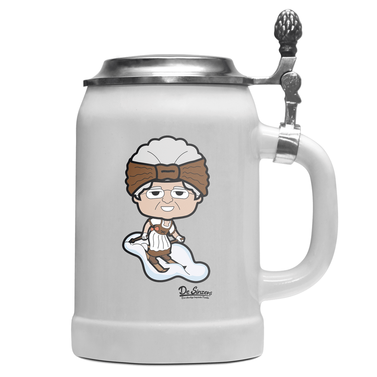 Die Oid Sinzerin Skifahrer Bierkrug 500ml Weiss mit Deckel Wetterspitzen Front