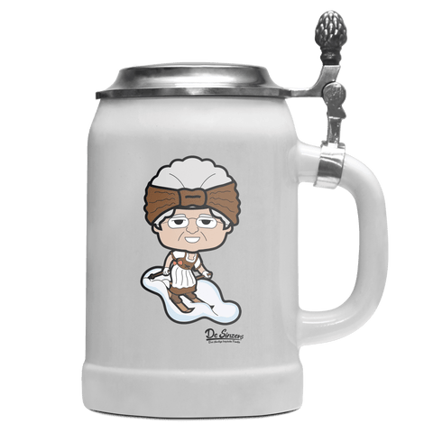 Die Oid Sinzerin Skifahrer Bierkrug 500ml Weiss mit Deckel Wetterspitzen Front