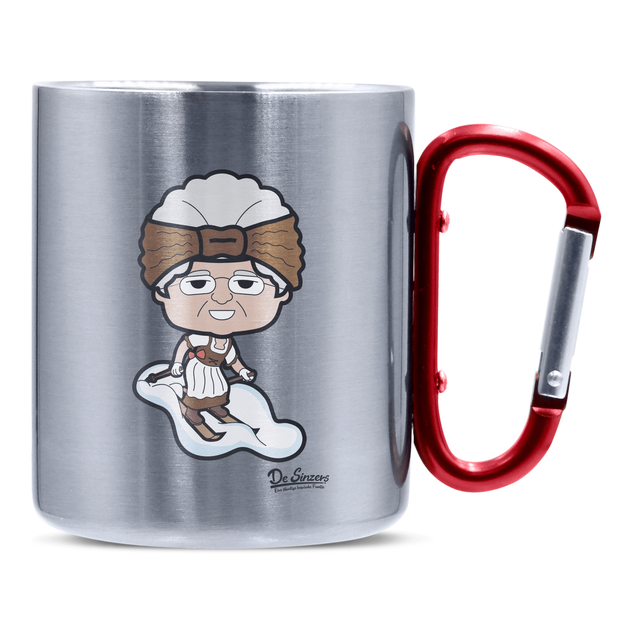 Die Oid Sinzerin Skifahrer Edelstahl Kaffeetasse roter Karabiner 320ml Kitzstein Front