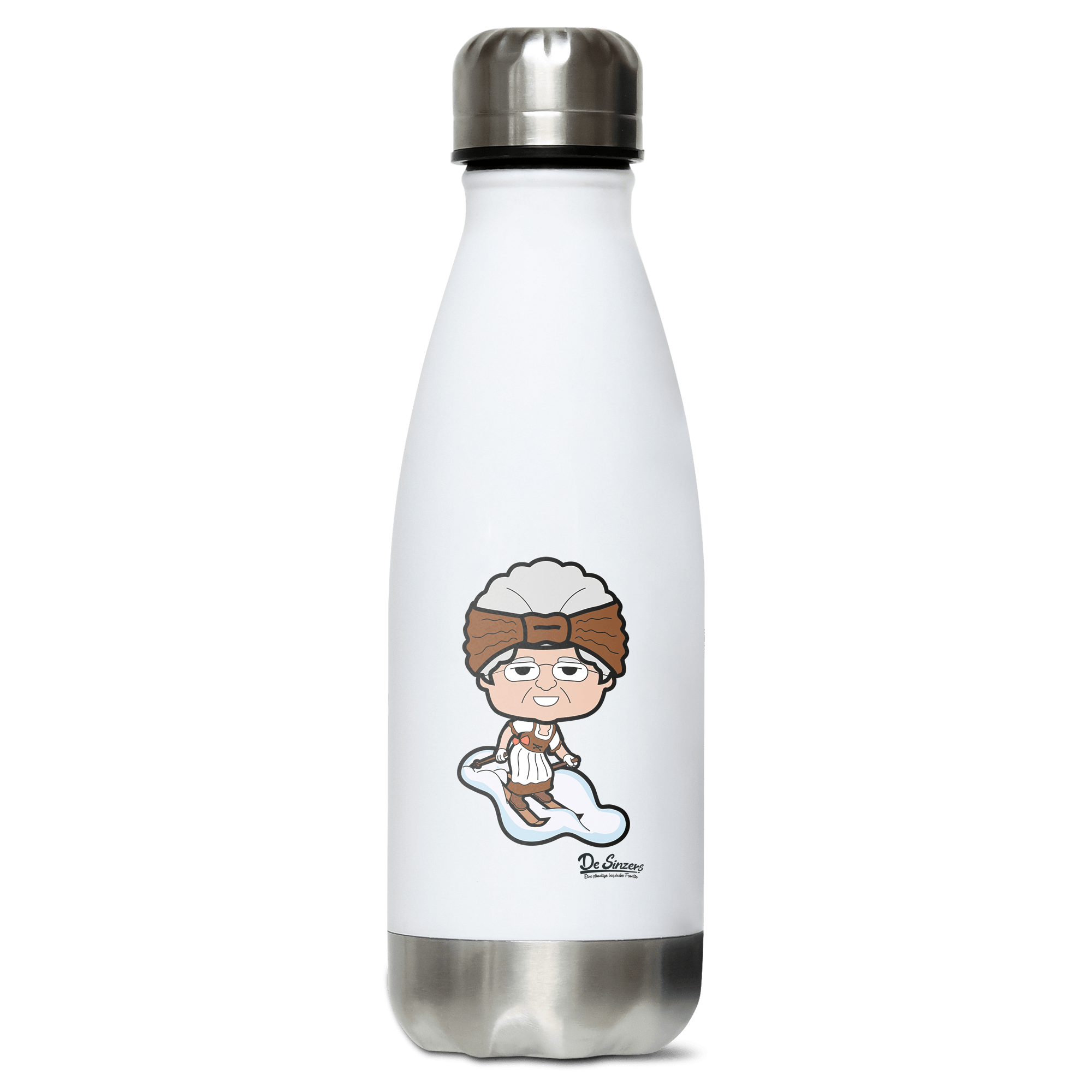 Die Oid Sinzerin Skifahrer Edelstahl Thermoflasche 350ml Weiss Silber Kreuzspitze Front