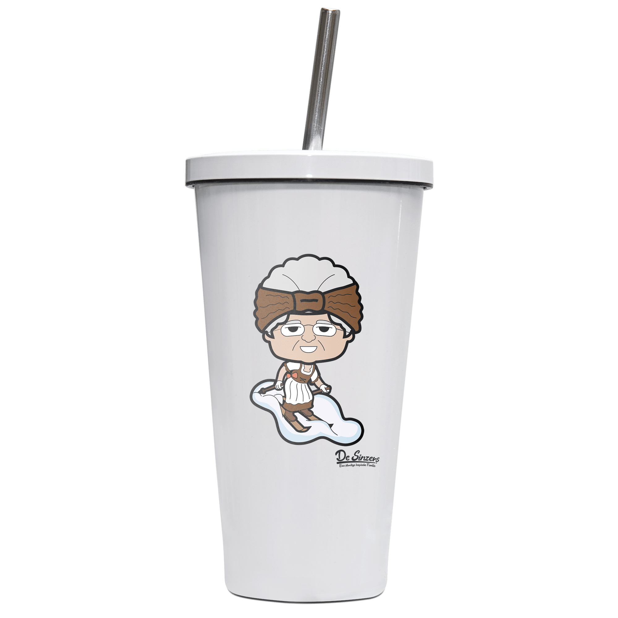 Die Oid Sinzerin Skifahrer Edelstahl Trinkbecher mit Strohhalm 480ml Weiss Krottenkopf Front