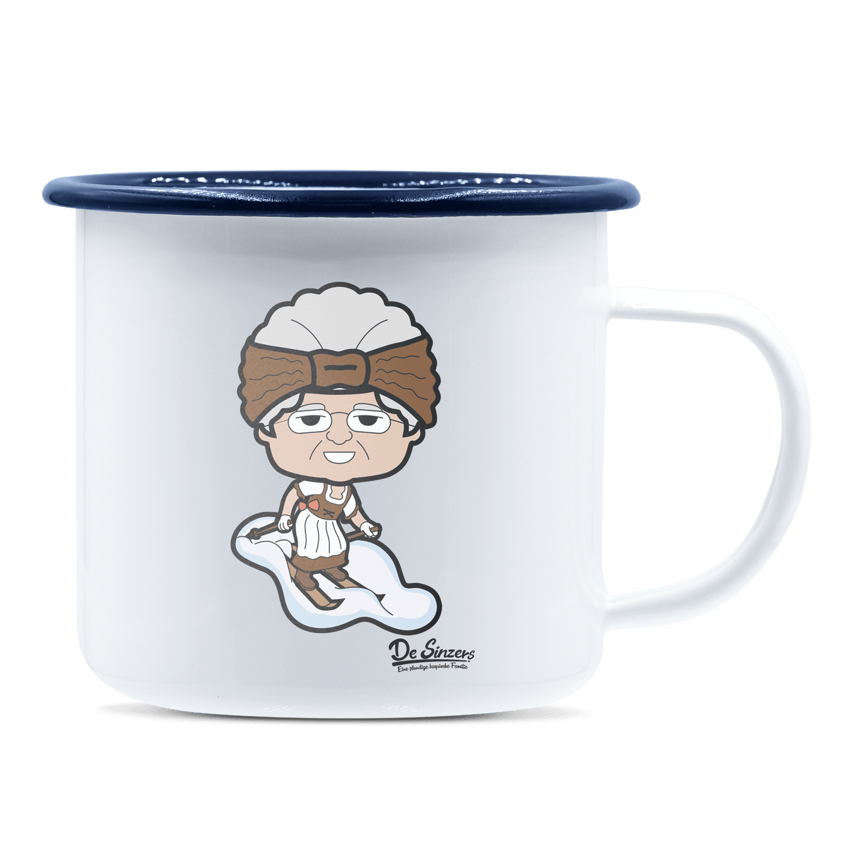 Die Oid Sinzerin Skifahrer Emaille Tasse 375ml Weiss Blau Heuberg Front