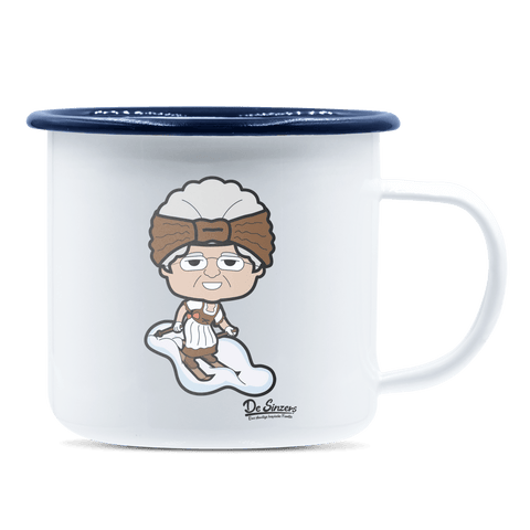 Die Oid Sinzerin Skifahrer Emaille Tasse 375ml Weiss Blau Heuberg Front