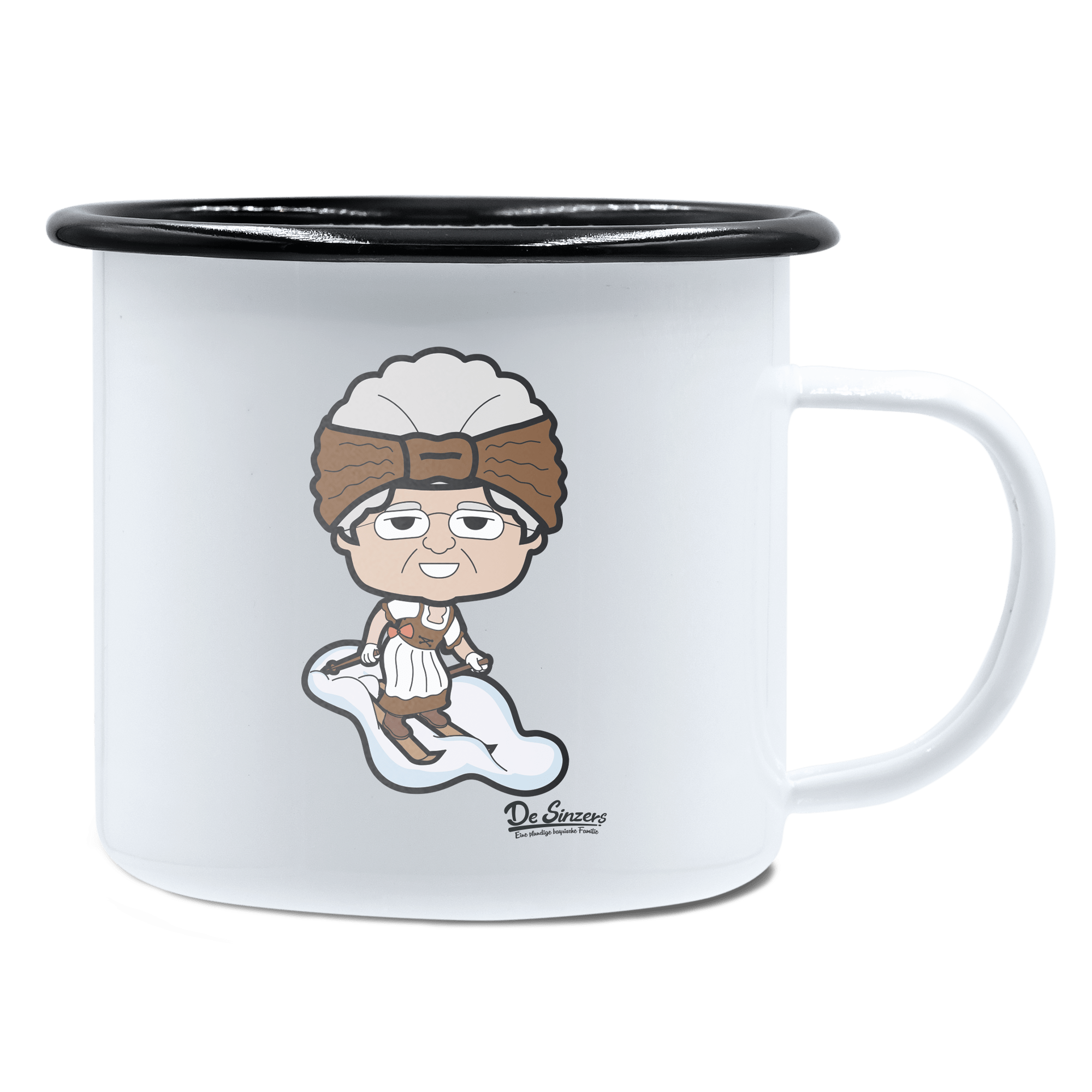 Die Oid Sinzerin Skifahrer Emaille Tasse 450ml Weiss Schwarz Spitzstein Front