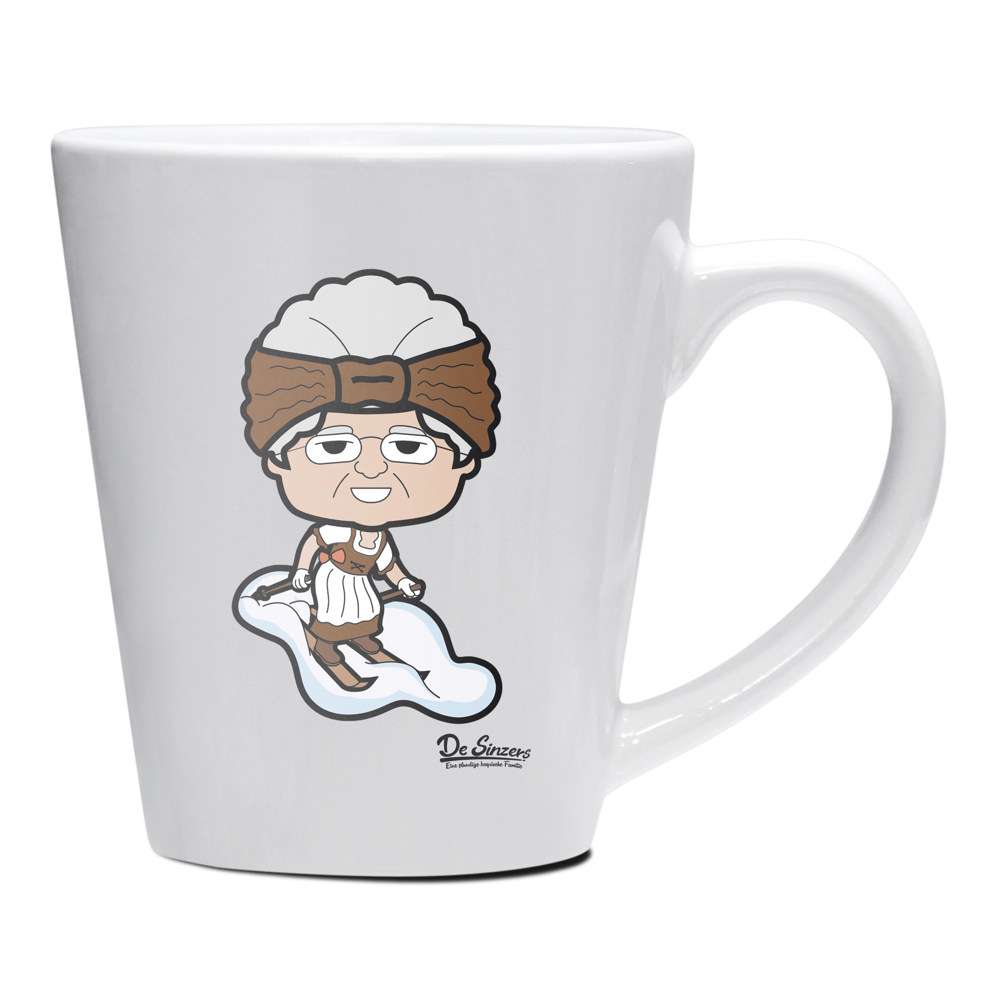 Die Oid Sinzerin Skifahrer Keramik Kaffeetasse 200ml Weiss Herzogstand Front