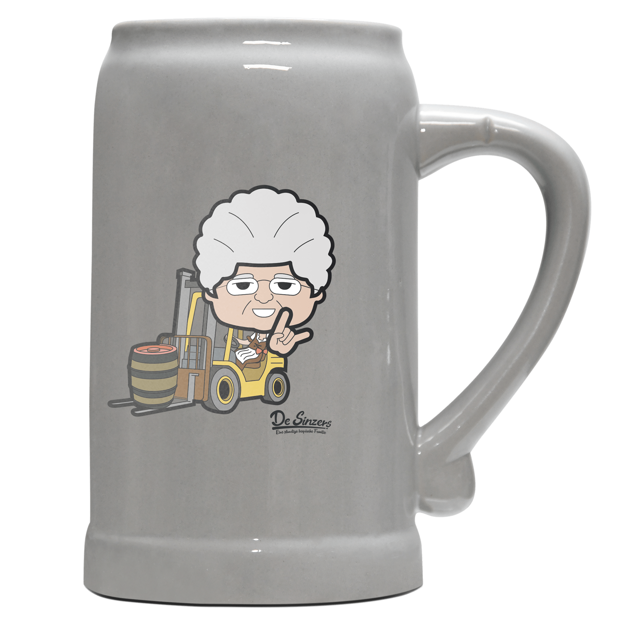 Die Oid Sinzerin Staplerfahrer Bierkrug 1000ml Grau Zugspitze Front