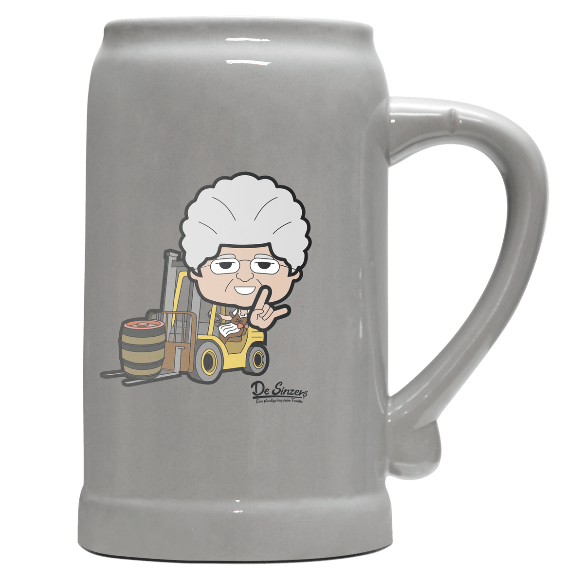Die Oid Sinzerin Staplerfahrer Bierkrug 1000ml Grau Zugspitze Front