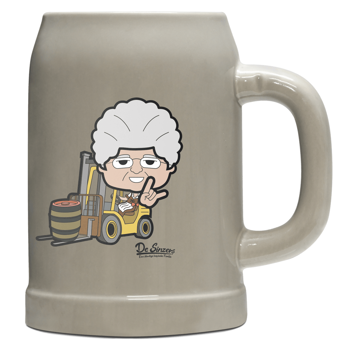 Die Oid Sinzerin Staplerfahrer Bierkrug 500ml Grau Watzmann Front