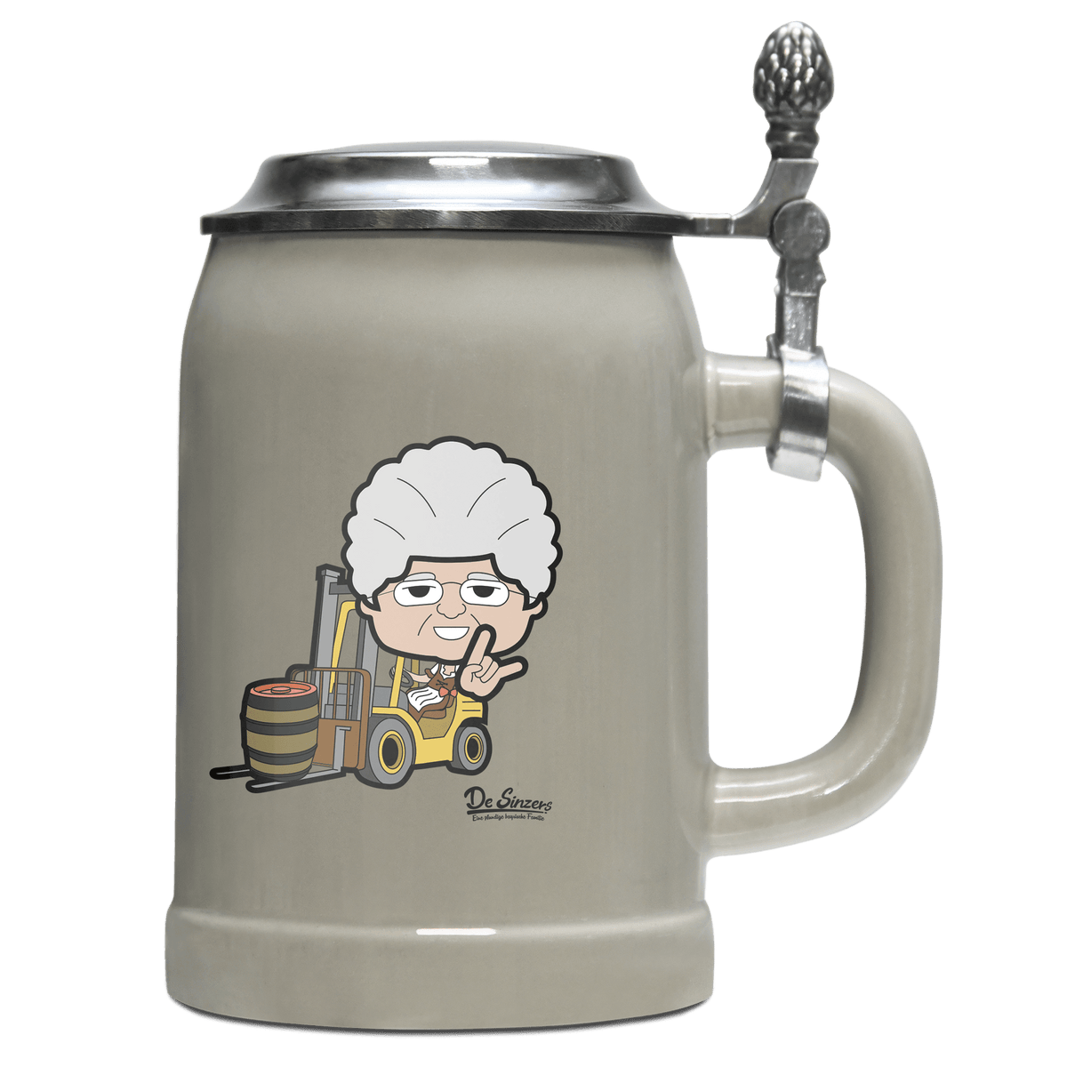 Die Oid Sinzerin Staplerfahrer Bierkrug 500ml Grau mit Deckel Hocheck Front