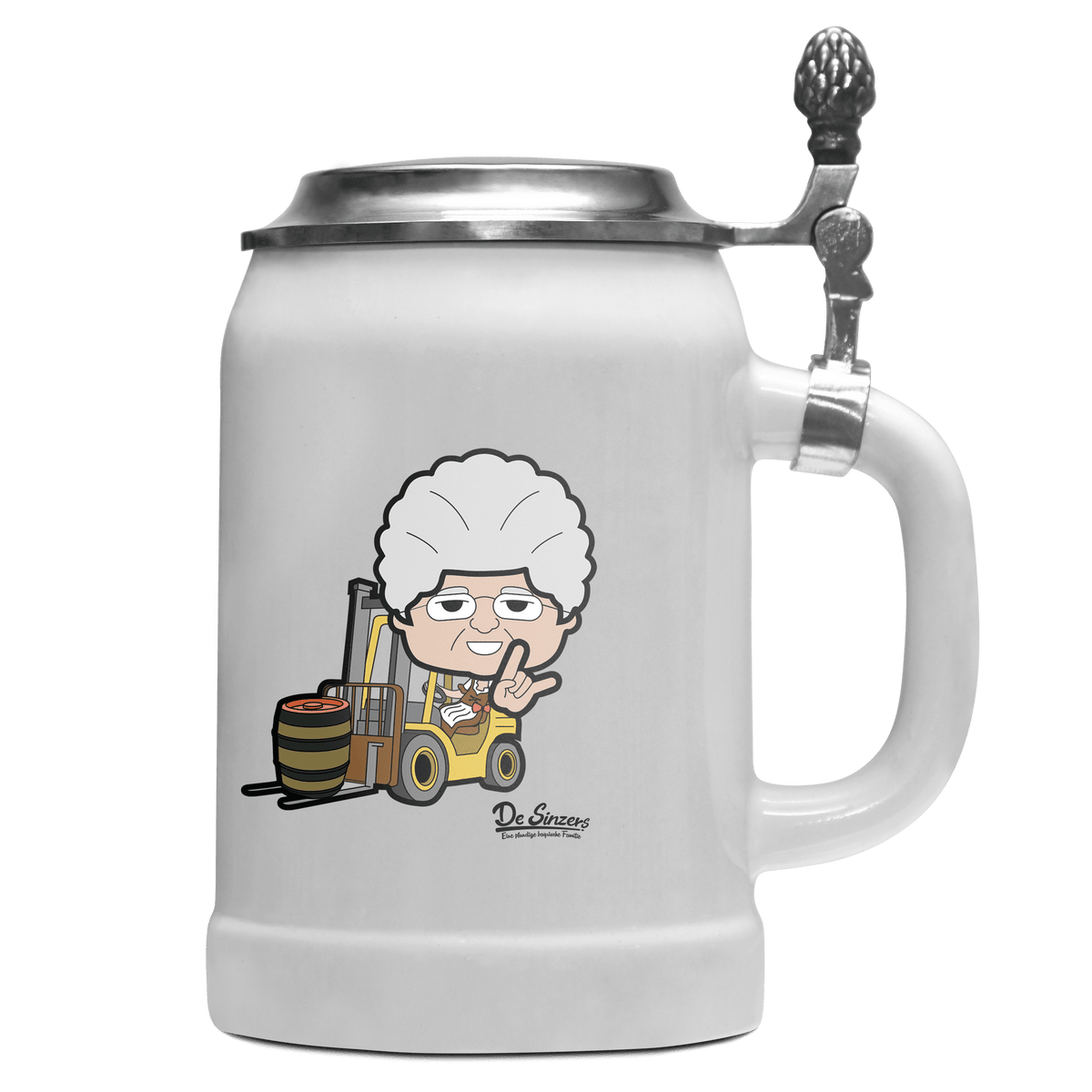 Die Oid Sinzerin Staplerfahrer Bierkrug 500ml Weiss mit Deckel Wetterspitzen Front