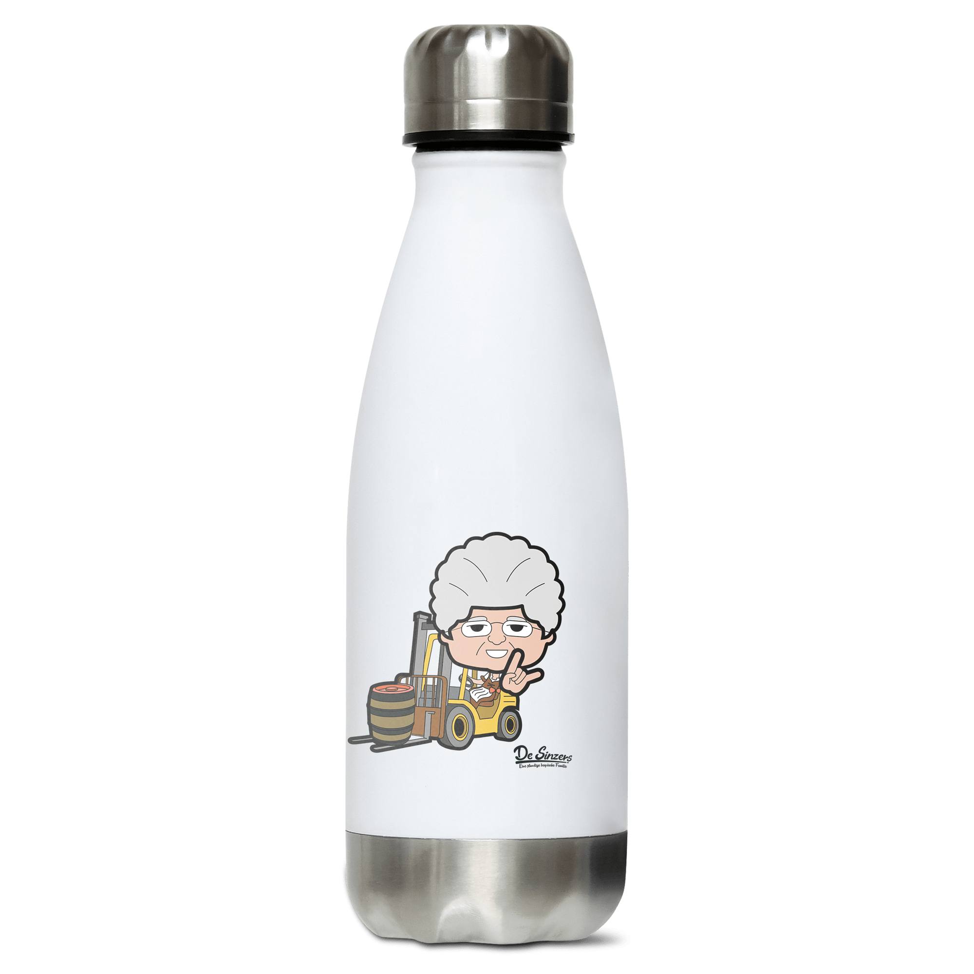 Die Oid Sinzerin Staplerfahrer Edelstahl Thermoflasche 350ml Weiss Silber Kreuzspitze Front