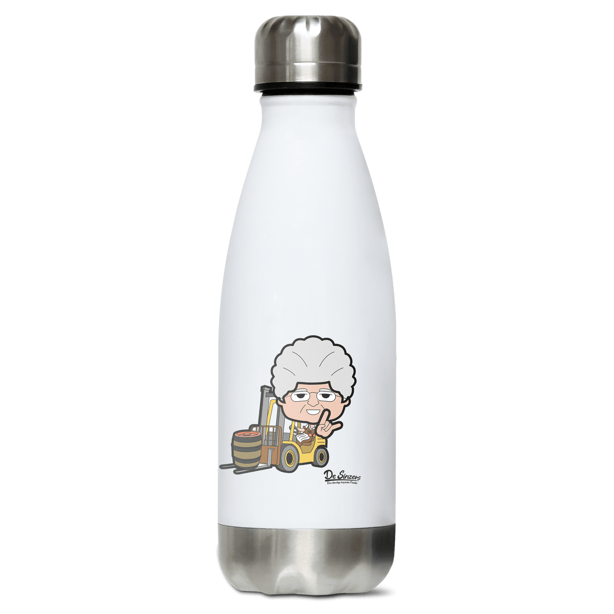 Die Oid Sinzerin Staplerfahrer Edelstahl Thermoflasche 350ml Weiss Silber Kreuzspitze Front