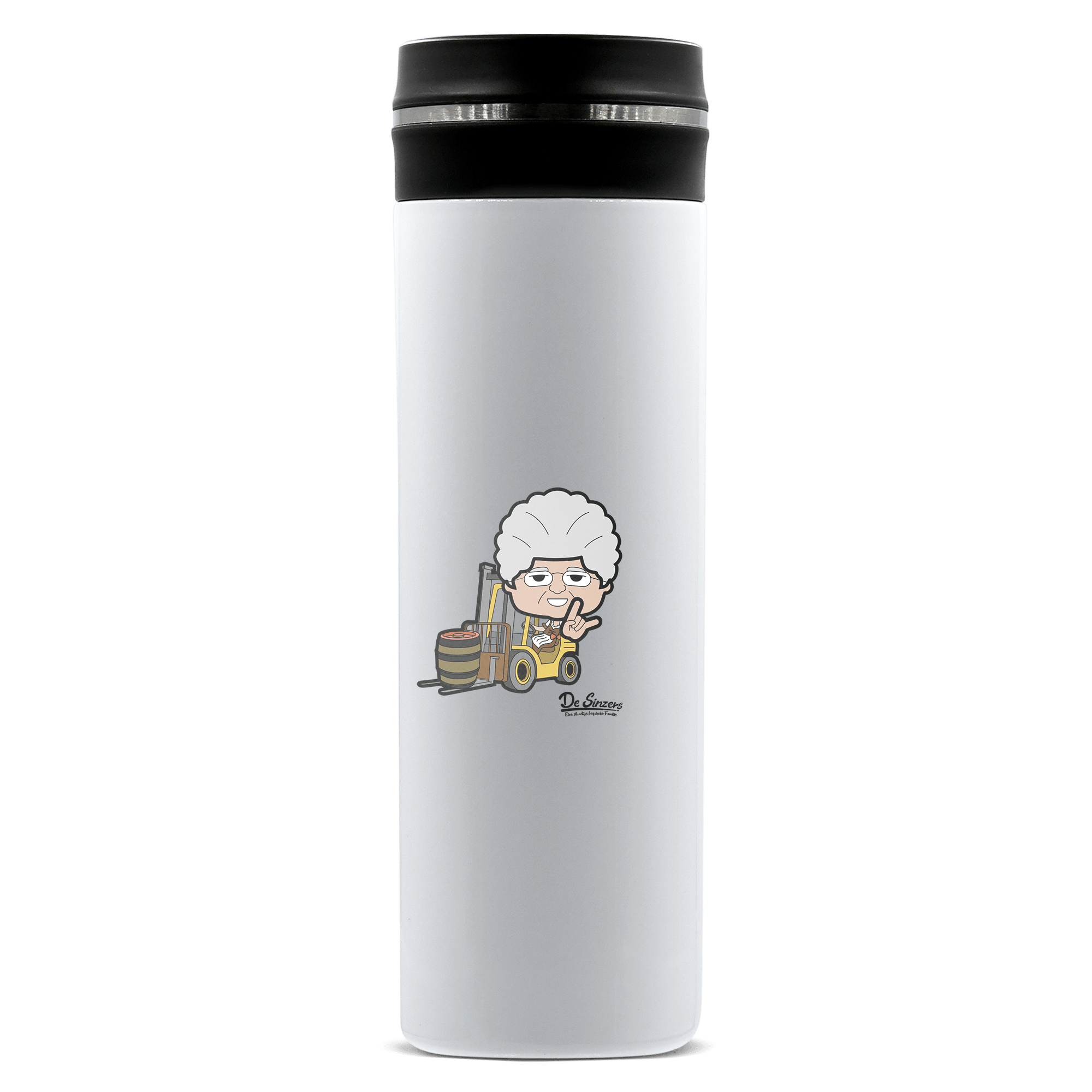 Die Oid Sinzerin Staplerfahrer Edelstahl Thermoflasche 450ml Weiss Geigelstein Front