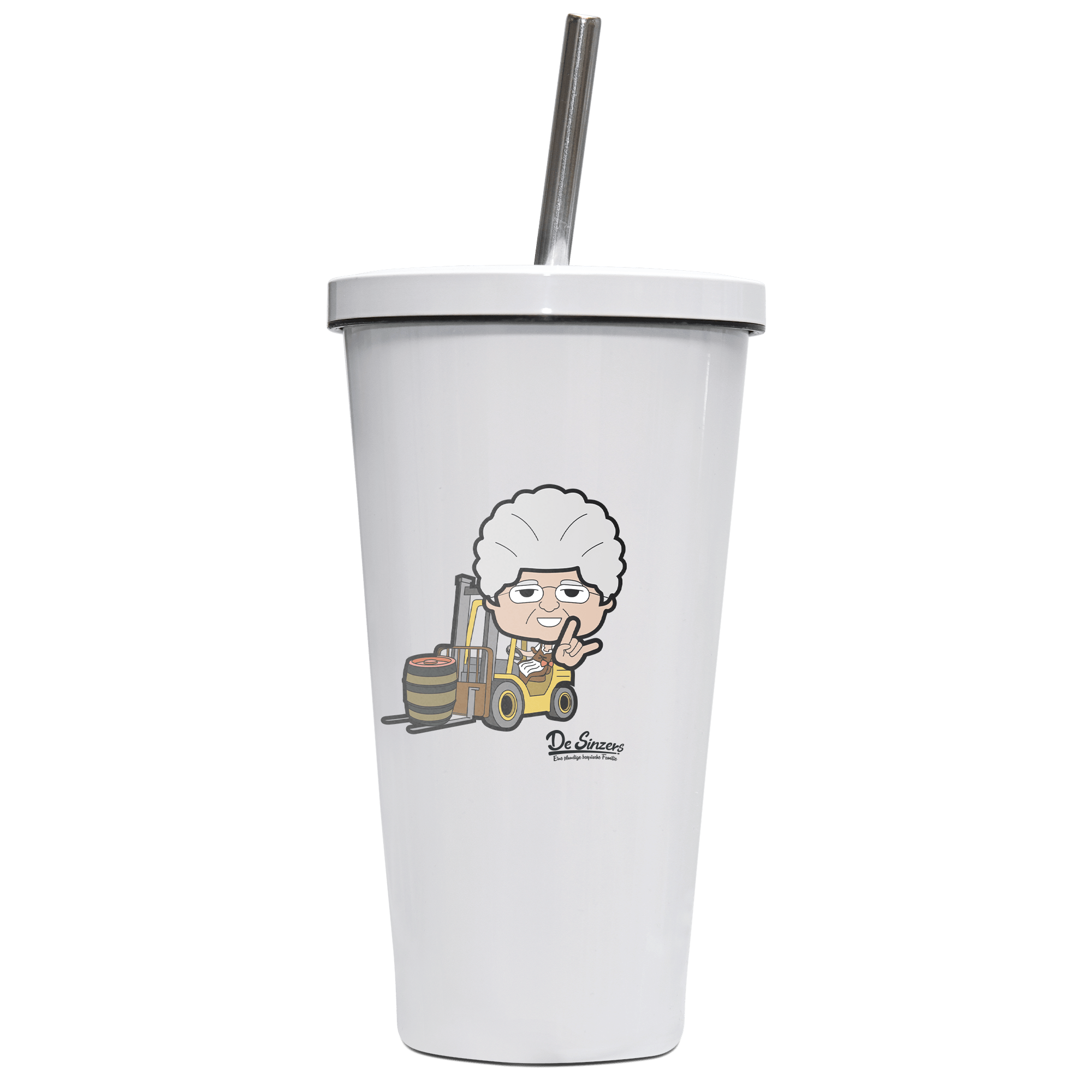 Die Oid Sinzerin Staplerfahrer Edelstahl Trinkbecher mit Strohhalm 480ml Weiss Krottenkopf Front