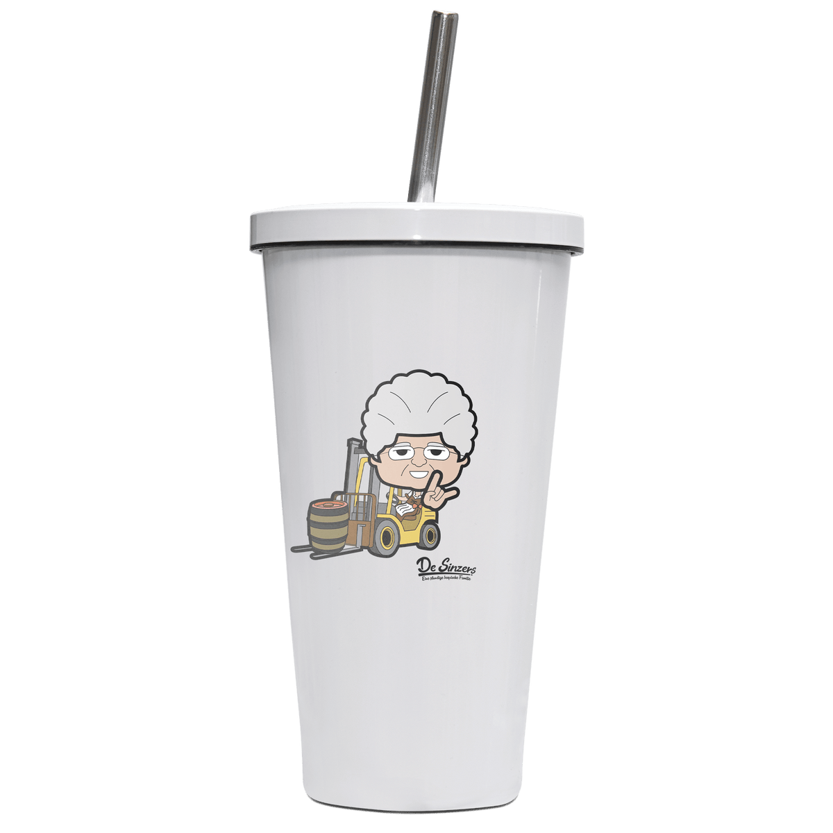Die Oid Sinzerin Staplerfahrer Edelstahl Trinkbecher mit Strohhalm 480ml Weiss Krottenkopf Front