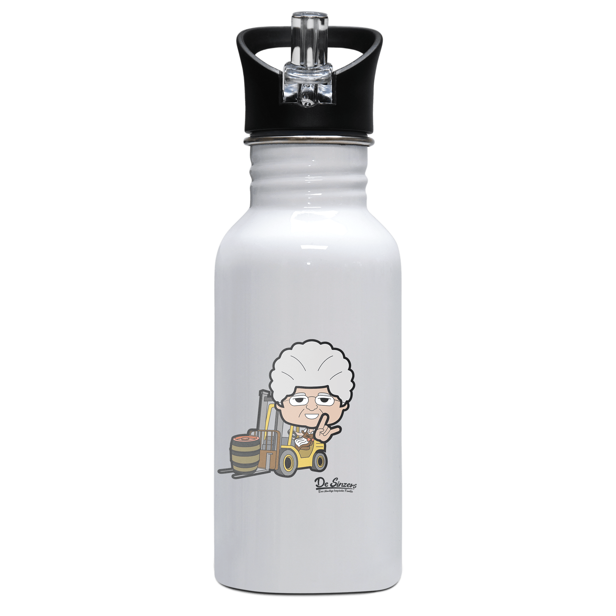 Die Oid Sinzerin Staplerfahrer Edelstahl Trinkflasche mit klappbarem Mundstueck 500ml Weiss Rotwand Front