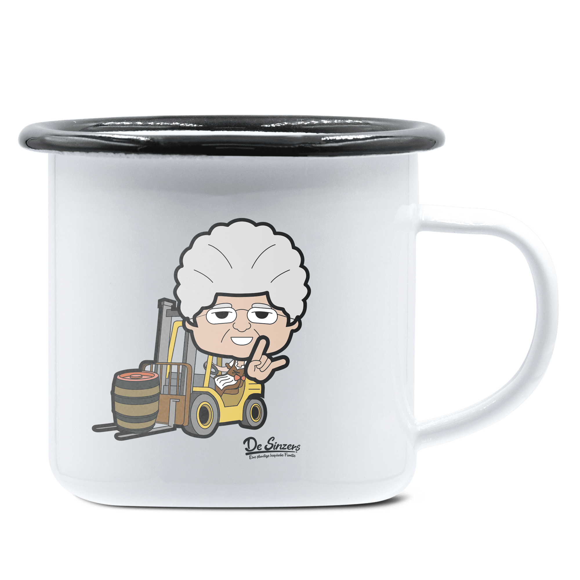 Die Oid Sinzerin Staplerfahrer Emaille Tasse 375ml Weiss Schwarz Hochries Front