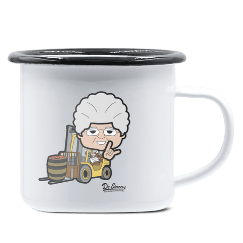 Die Oid Sinzerin Staplerfahrer Emaille Tasse 375ml Weiss Schwarz Hochries Front