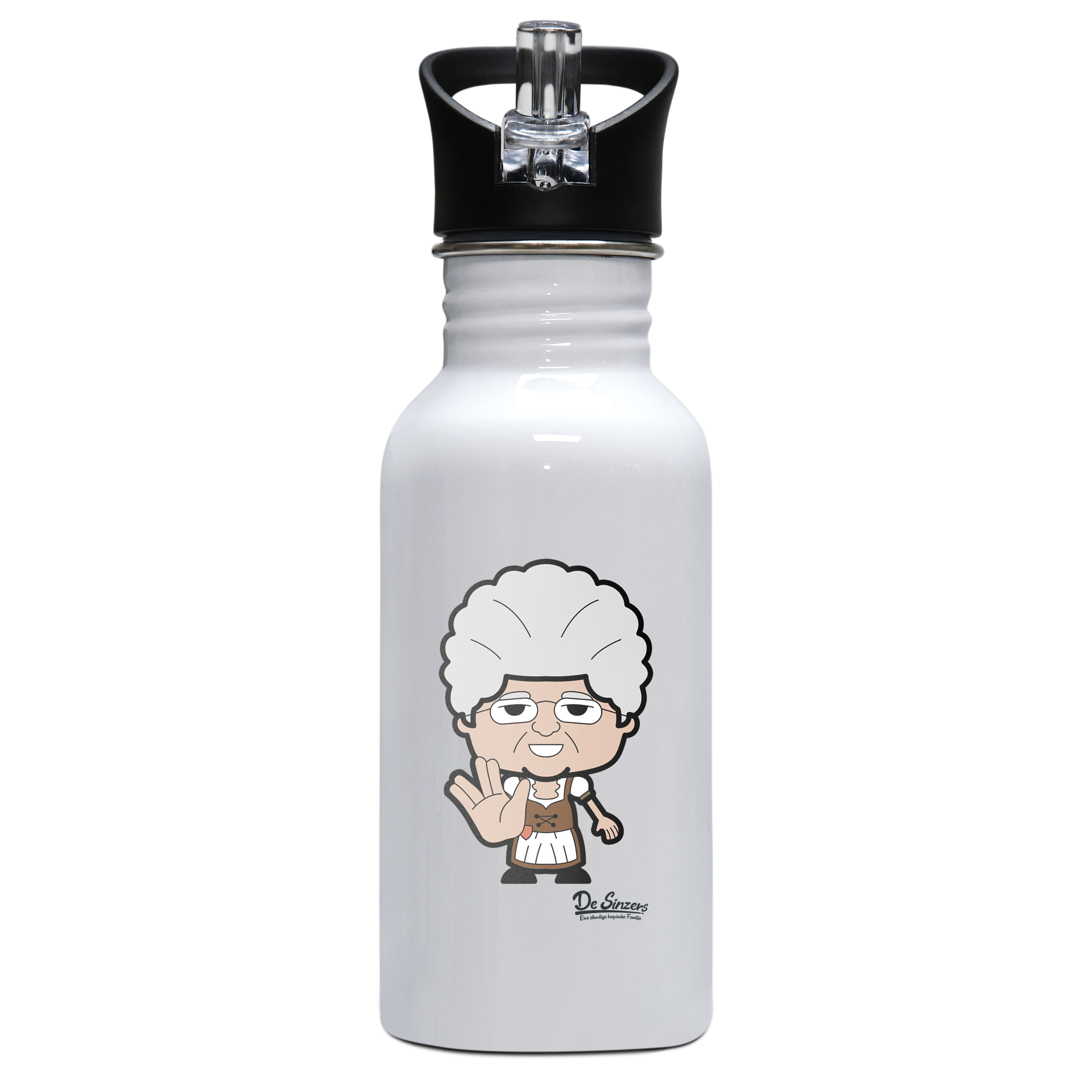 Die Oid Sinzerin Star Trek Fingers Edelstahl Trinkflasche mit klappbarem Mundstueck 500ml Weiss Rotwand Front