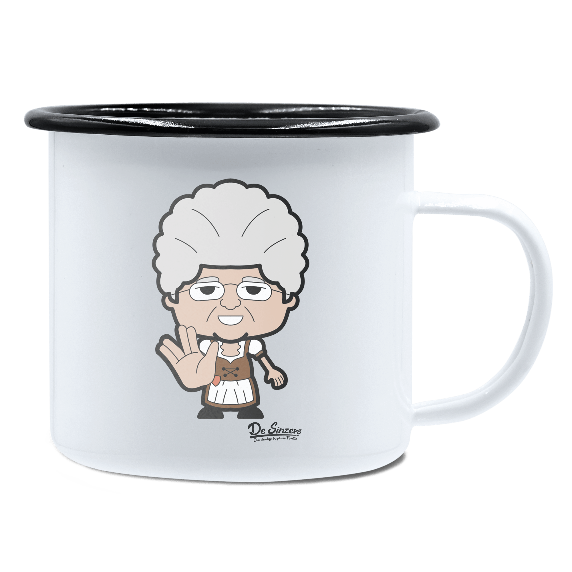 Die Oid Sinzerin Star Trek Fingers Emaille Tasse 450ml Weiss Schwarz Spitzstein Front