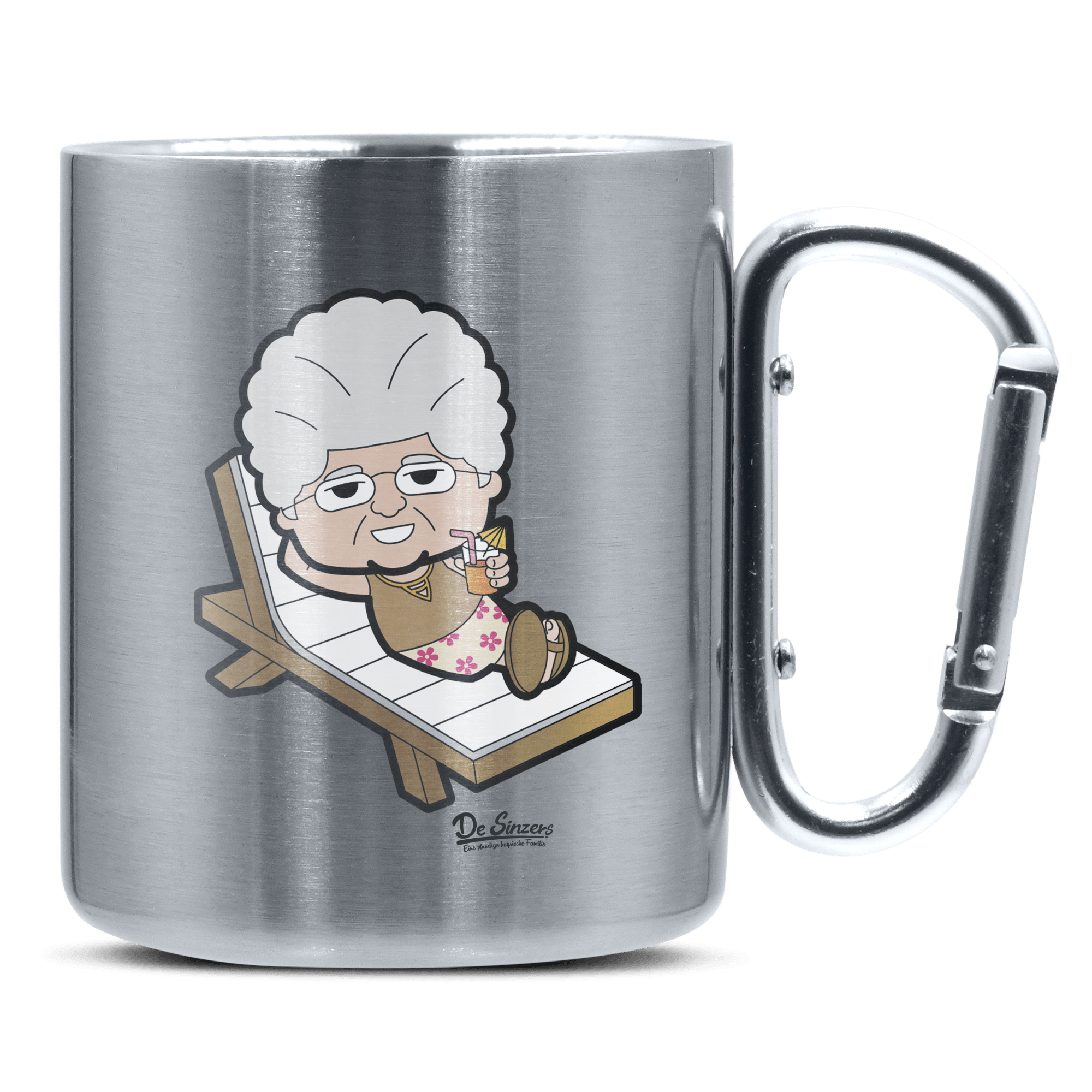 Die Oid Sinzerin Summer Edition Edelstahl Kaffeetasse silberer Karabiner 320ml Grosser Traithen Front