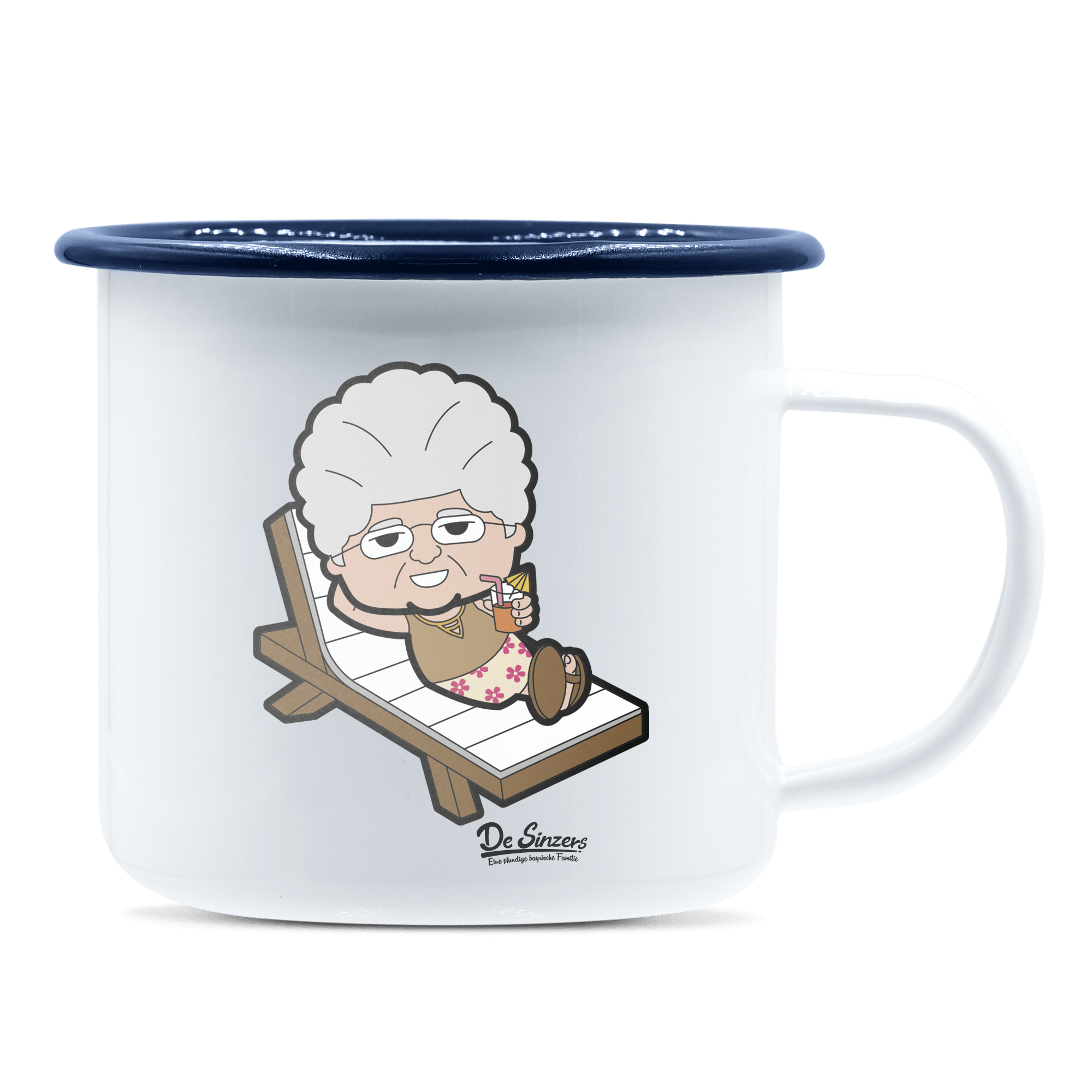 Die Oid Sinzerin Summer Edition Emaille Tasse 375ml Weiss Blau Heuberg Front