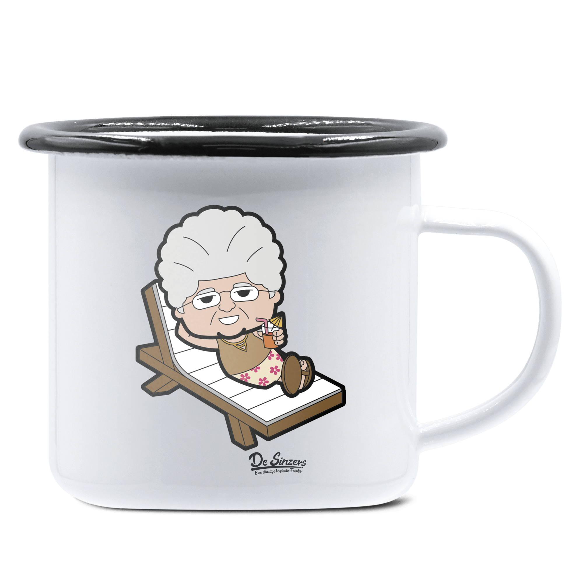 Die Oid Sinzerin Summer Edition Emaille Tasse 375ml Weiss Schwarz Hochries Front