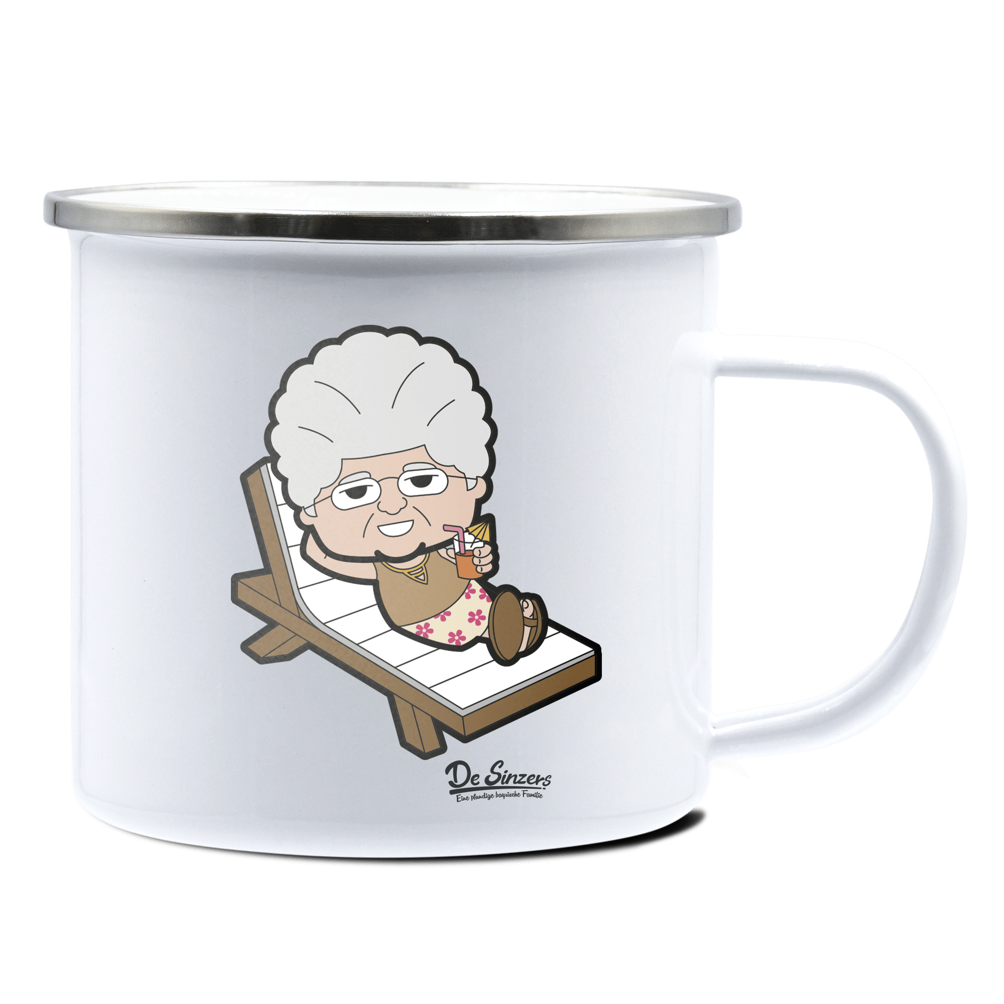 Die Oid Sinzerin Summer Edition Emaille Tasse 375ml Weiss Silber Kampenwand Front