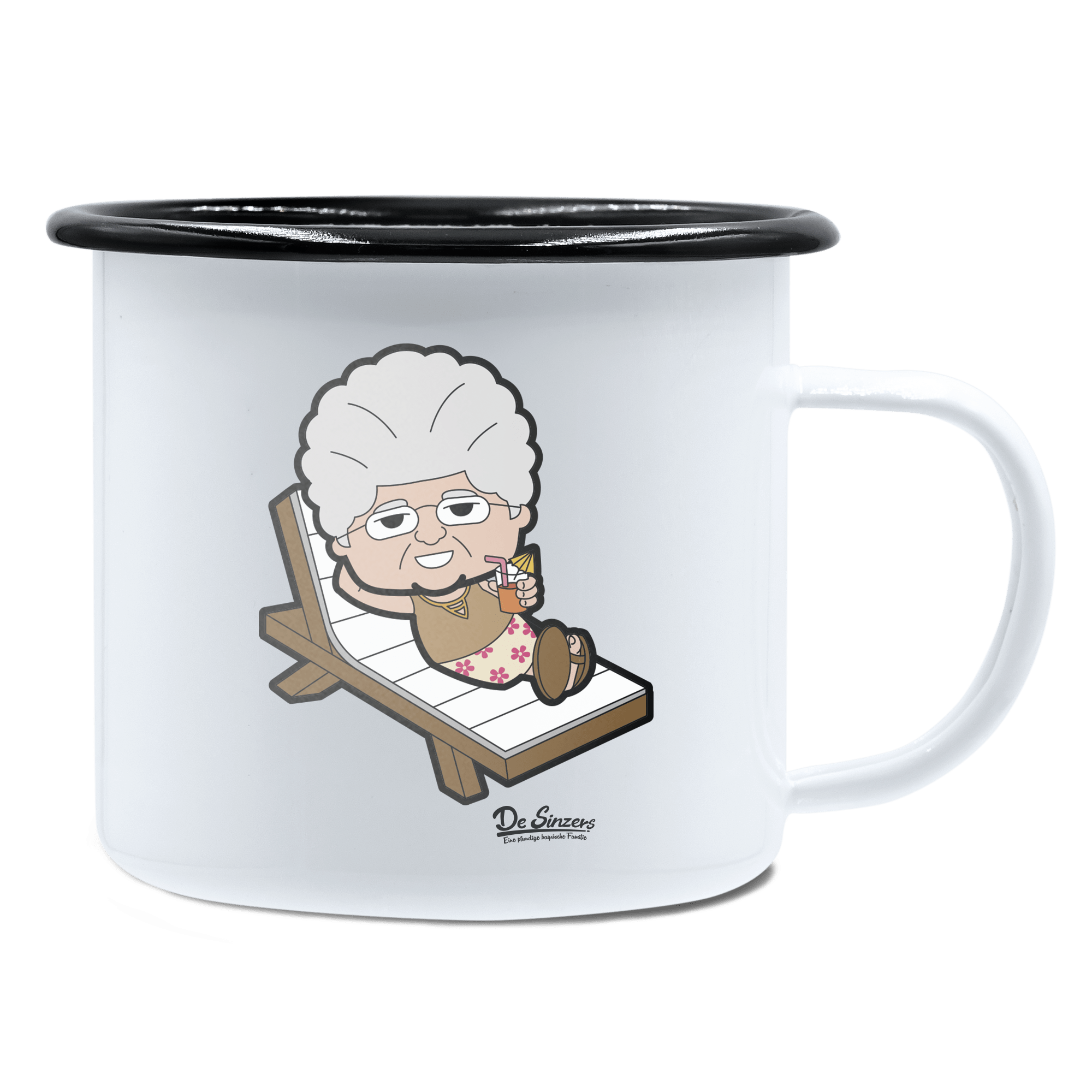 Die Oid Sinzerin Summer Edition Emaille Tasse 450ml Weiss Schwarz Spitzstein Front