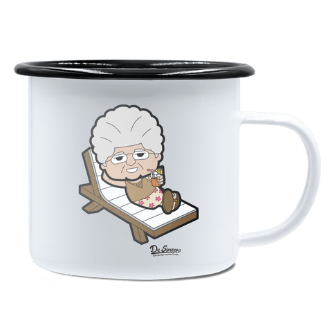 Die Oid Sinzerin Summer Edition Emaille Tasse 450ml Weiss Schwarz Spitzstein Front