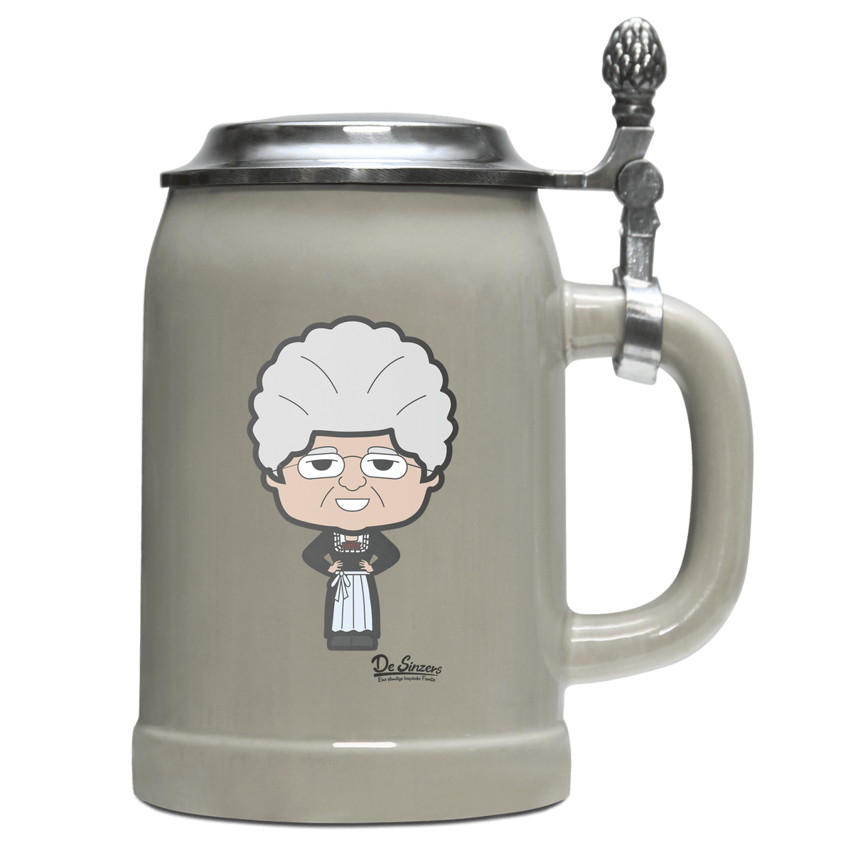 Die Oid Sinzerin Trachtenverein Bierkrug 500ml Grau mit Deckel Hocheck Front