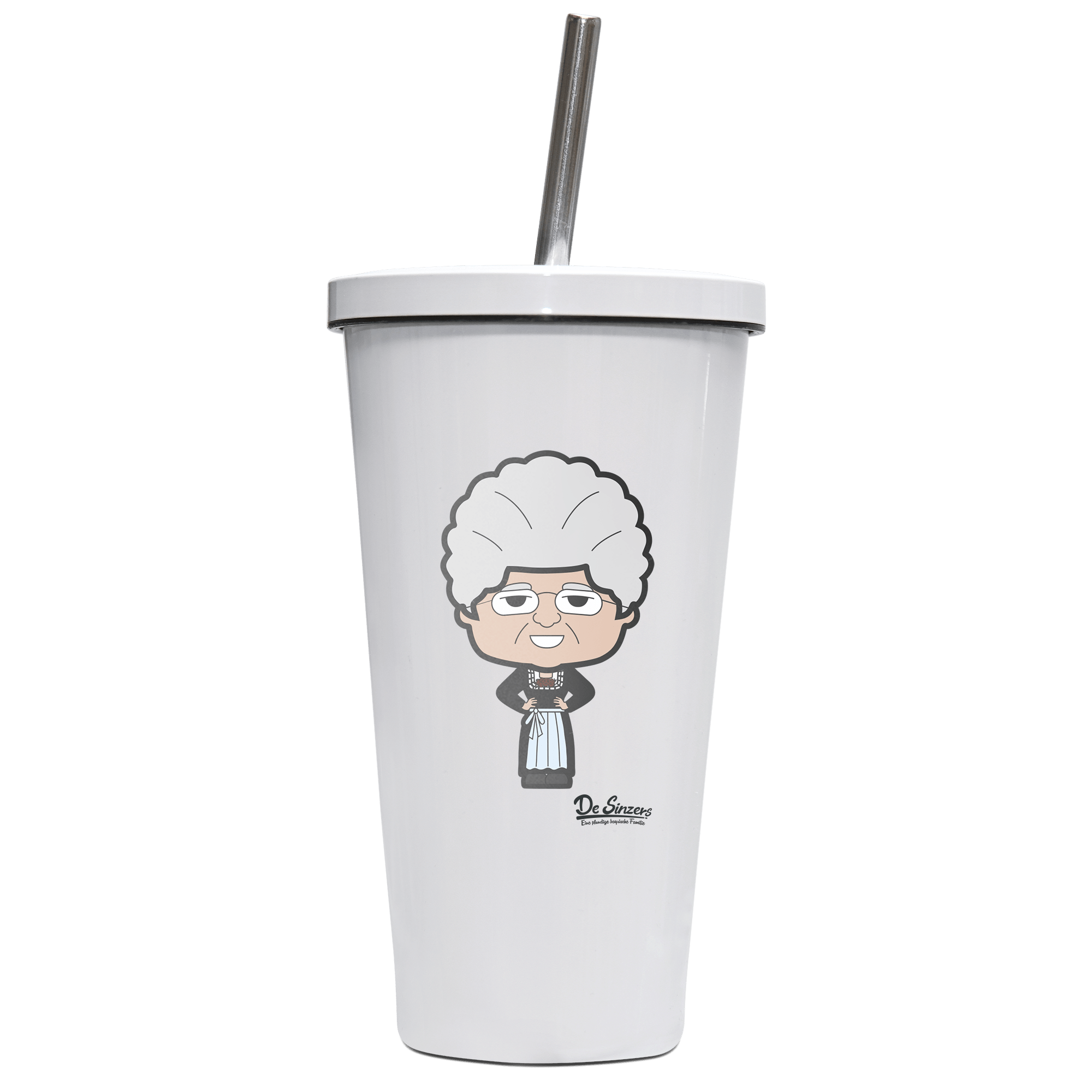 Die Oid Sinzerin Trachtenverein Edelstahl Trinkbecher mit Strohhalm 480ml Weiss Krottenkopf Front