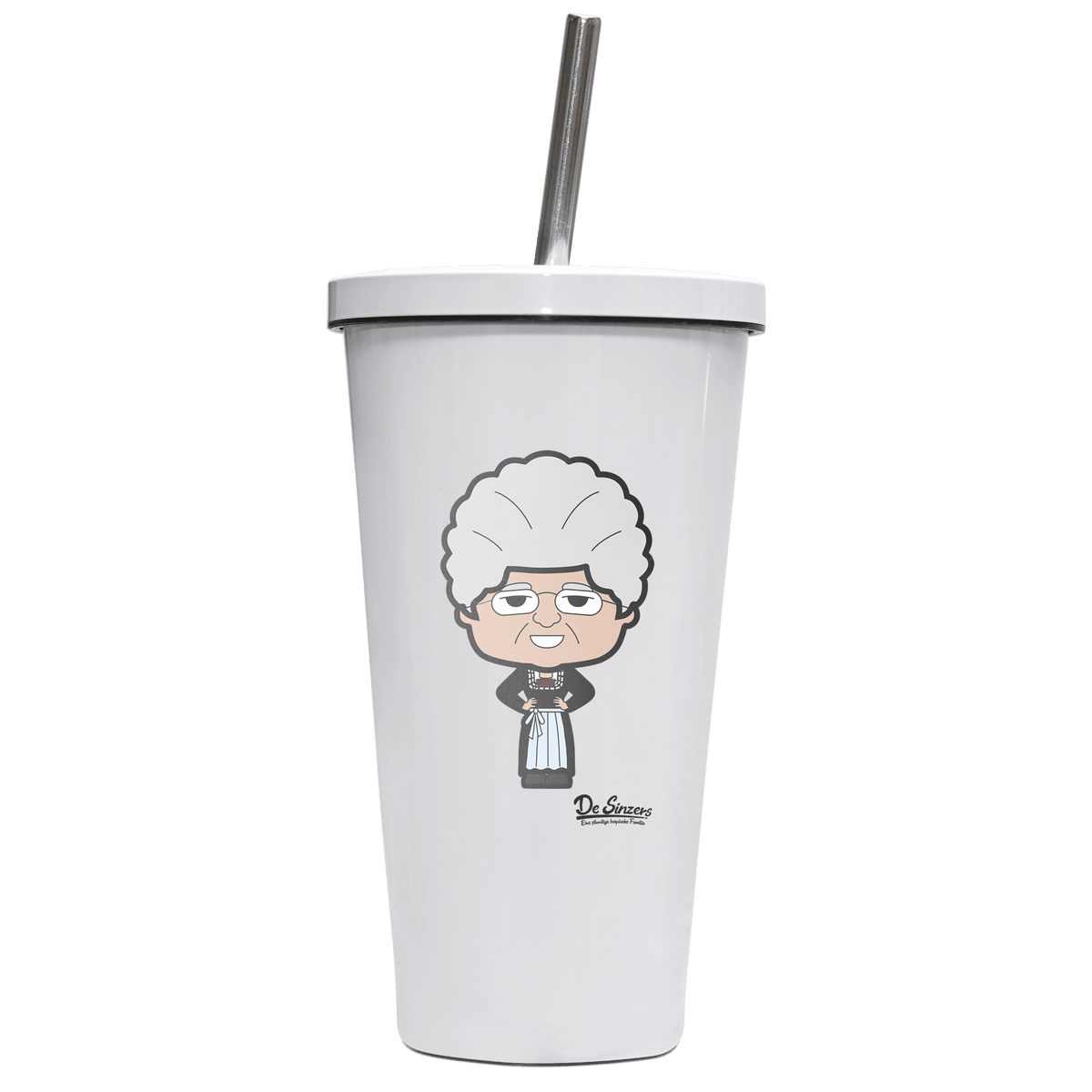 Die Oid Sinzerin Trachtenverein Edelstahl Trinkbecher mit Strohhalm 480ml Weiss Krottenkopf Front