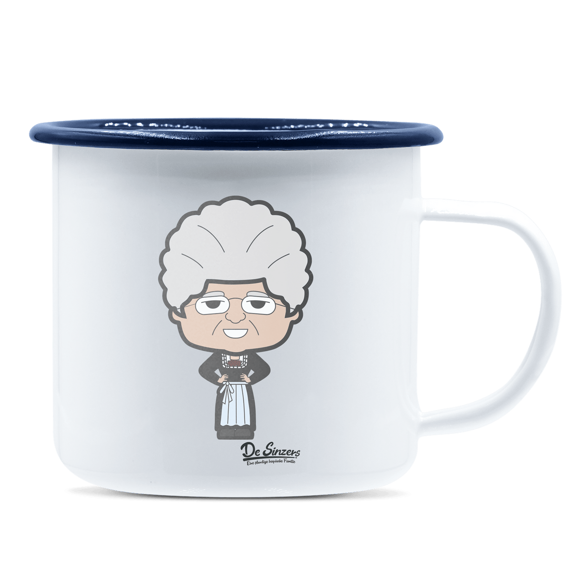 Die Oid Sinzerin Trachtenverein Emaille Tasse 375ml Weiss Blau Heuberg Front