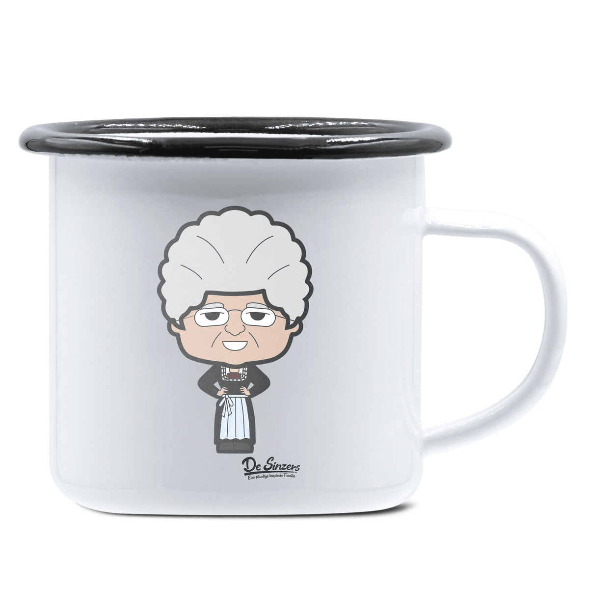 Die Oid Sinzerin Trachtenverein Emaille Tasse 375ml Weiss Schwarz Hochries Front